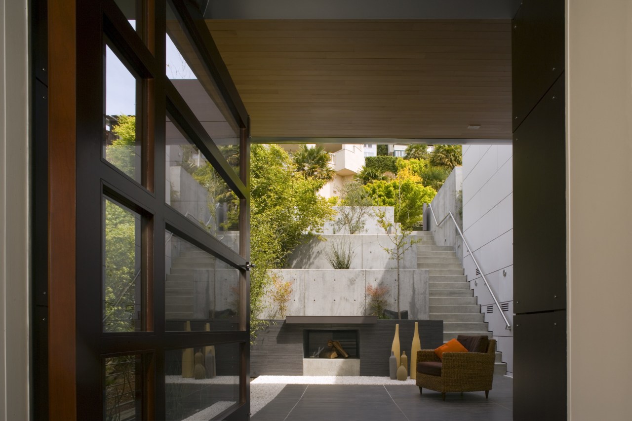 View of the small courtyard and concrete stairs architecture, home, house, interior design, window, brown