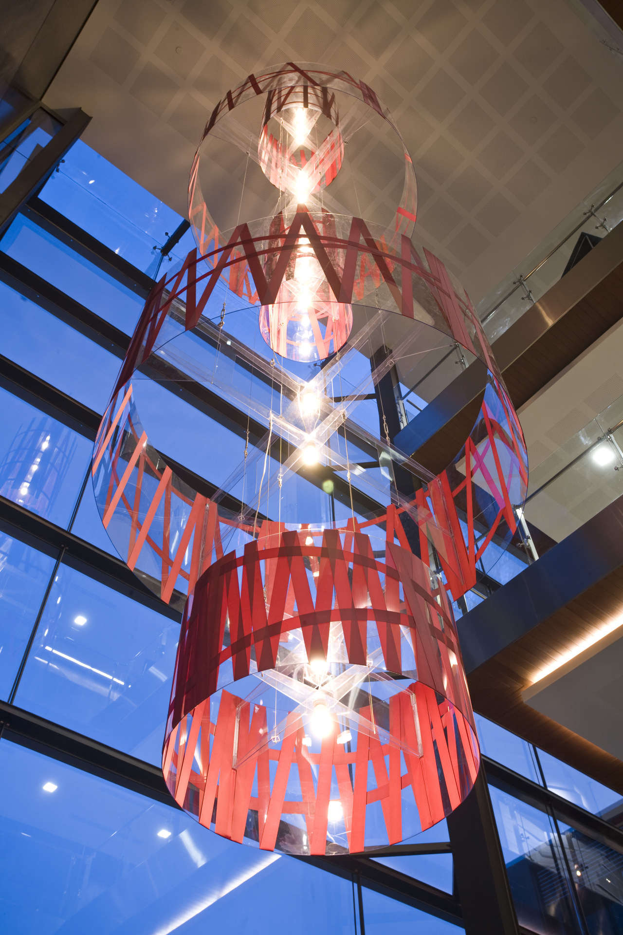 View of the 12m pendant lights by Arend blue, clothing, costume, fun, light, red, blue