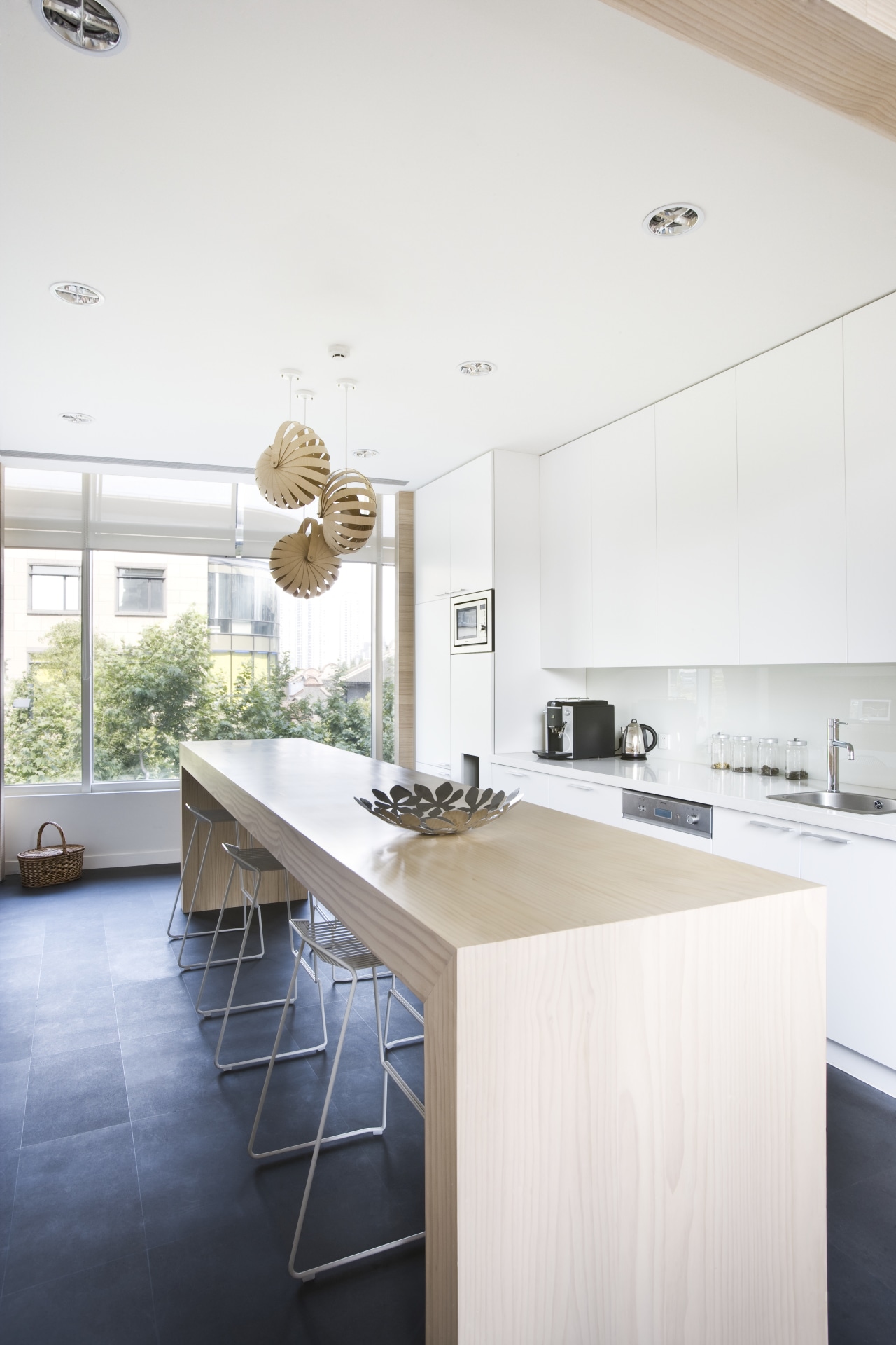 View of a kitchen which features Essenze products architecture, ceiling, countertop, daylighting, floor, house, interior design, kitchen, product design, real estate, table, white