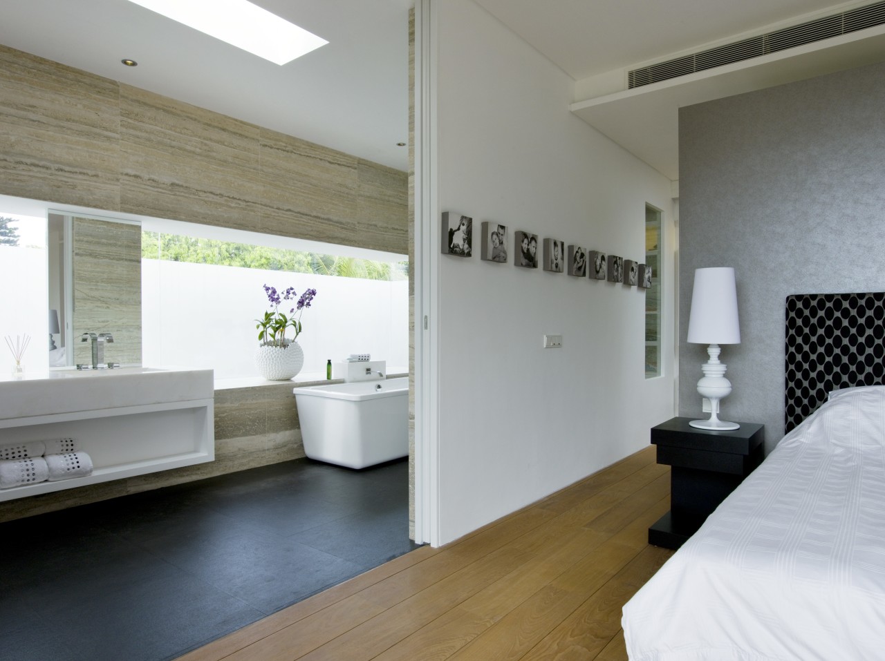 View of ensuite from bedroom architecture, ceiling, floor, flooring, home, house, interior design, property, real estate, room, gray