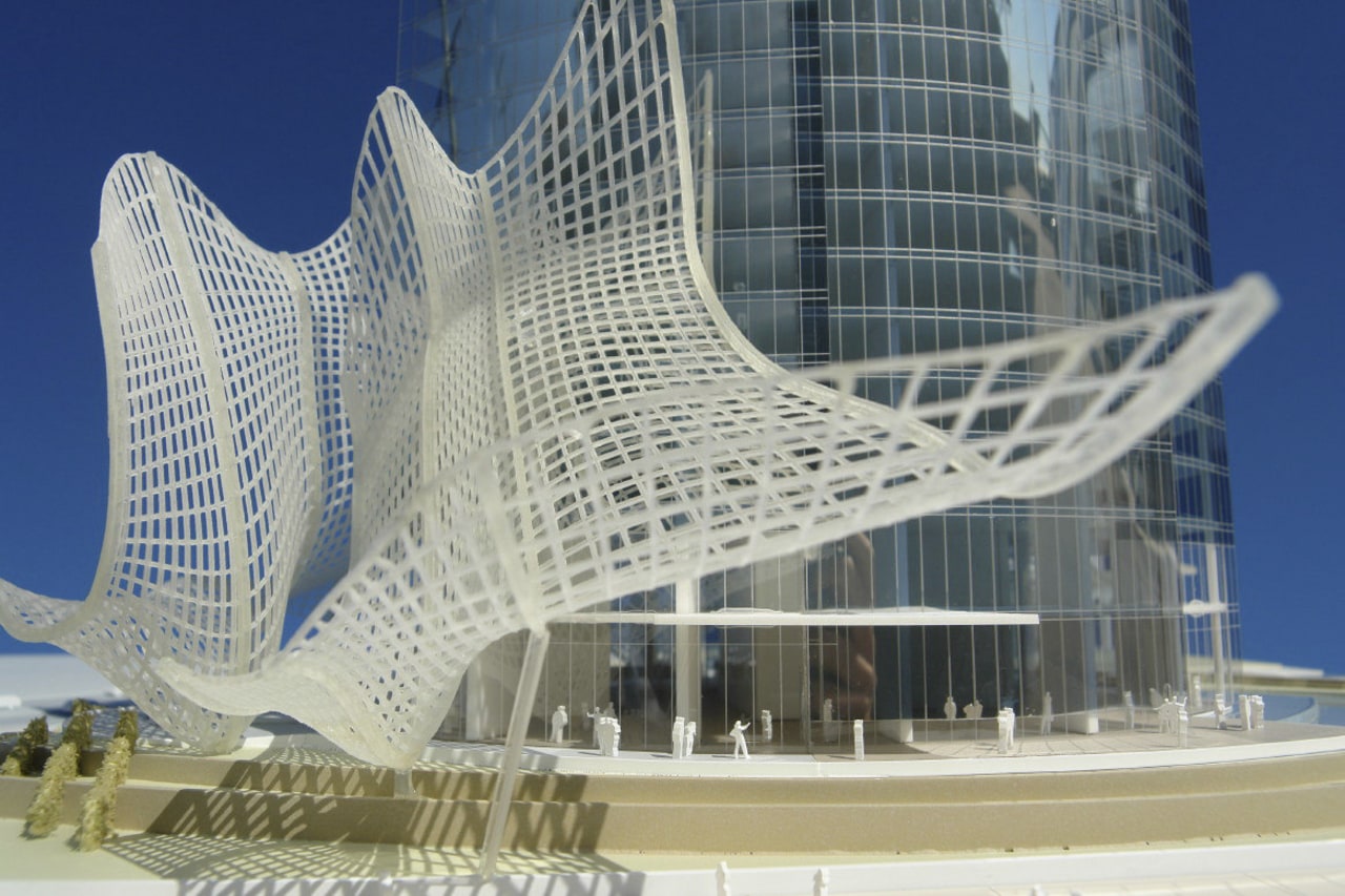 Conceptual image of a podium canopy for the architecture, building, landmark, metropolis, mixed use, skyscraper, structure, tower block, gray