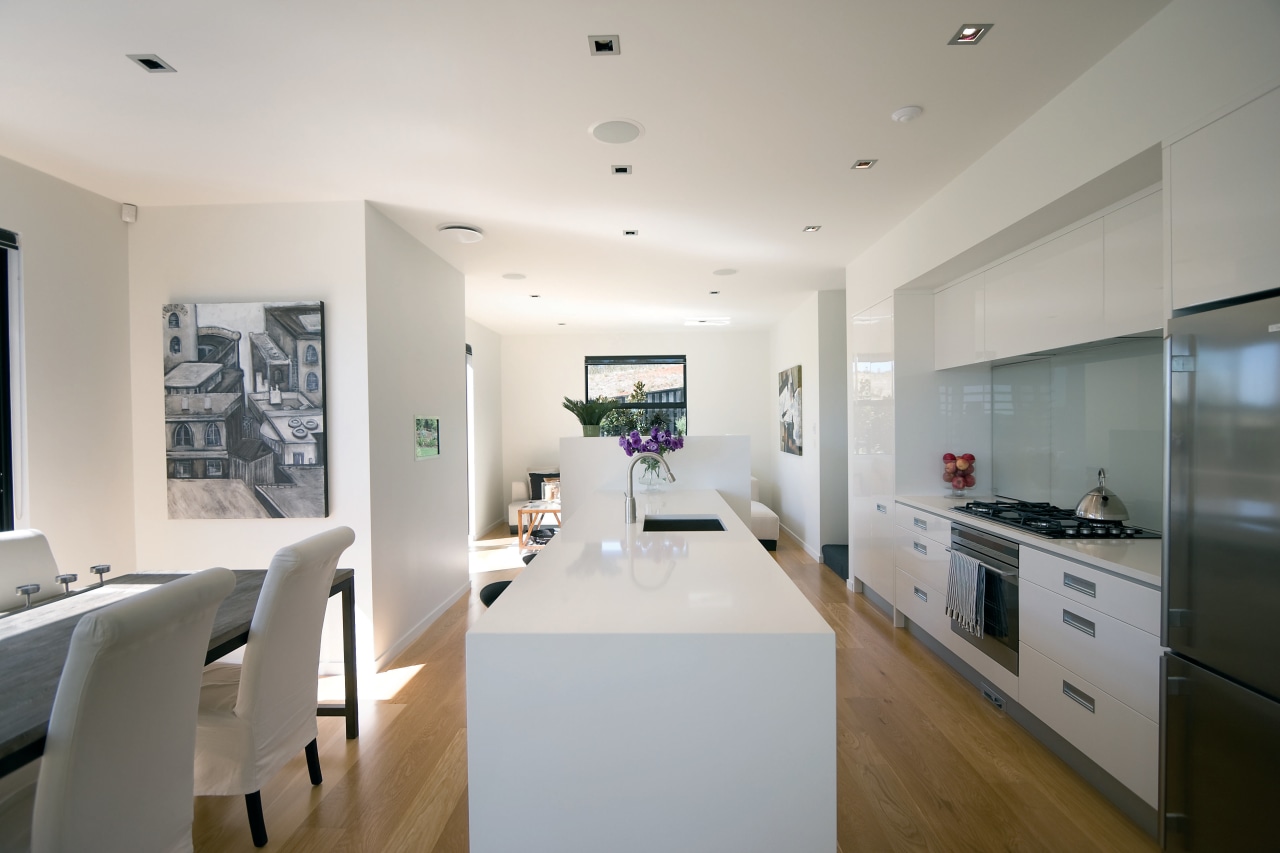 View of a kitchen and dining area designed apartment, ceiling, countertop, house, interior design, kitchen, property, real estate, room, gray