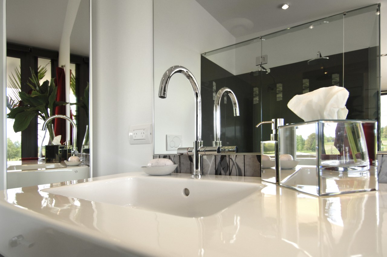 View of the Pebble Bay show home bathroom countertop, home, interior design, product design, sink, tap, white, gray