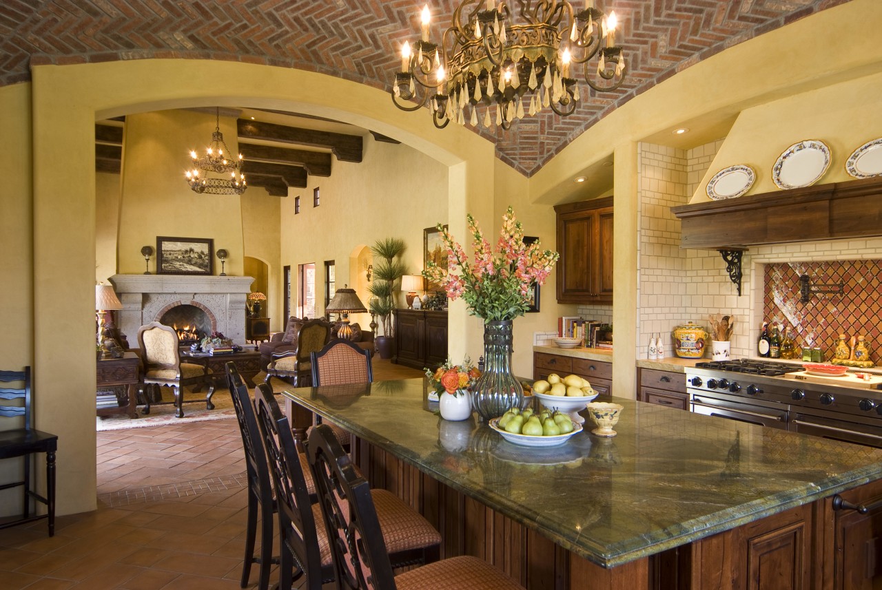 View of the kitchen area which features a countertop, dining room, home, interior design, kitchen, living room, real estate, room, brown, orange