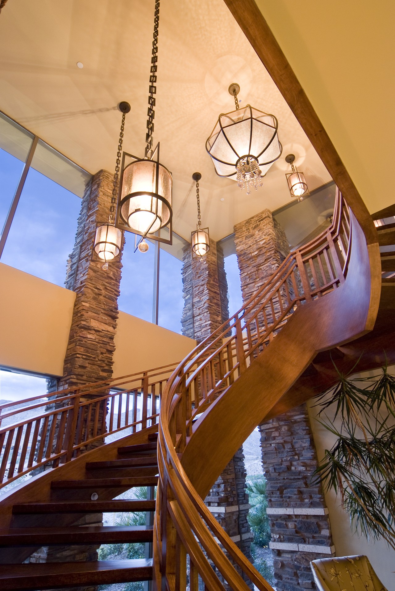 View of stairway which features chandelier hanging overhead architecture, lighting, tourist attraction, wood, orange