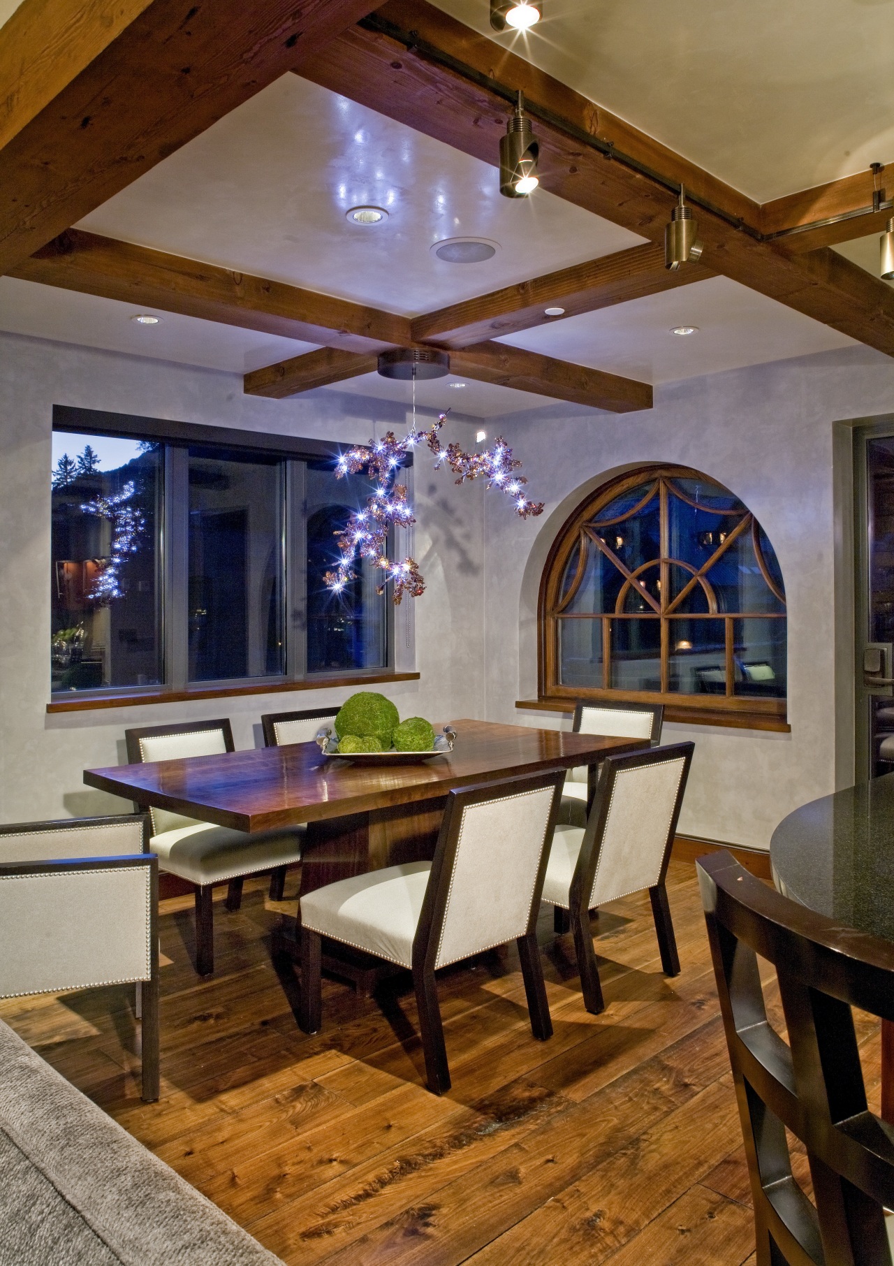 view of formal dining area which features dining beam, ceiling, dining room, floor, flooring, furniture, hardwood, home, interior design, living room, room, table, wall, window, wood, brown