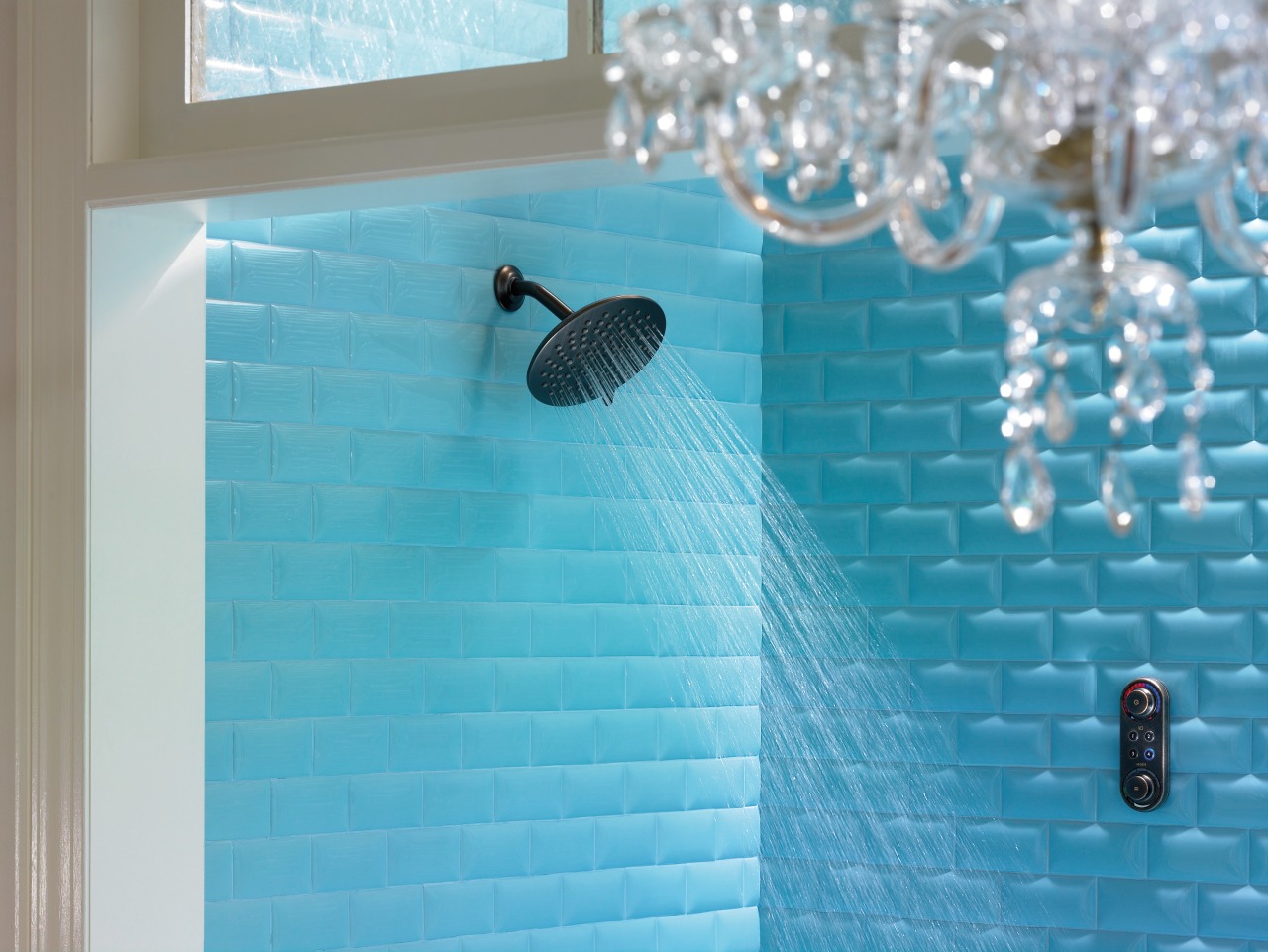 View of a ioDigital shower from Moen which aqua, azure, bathroom, blue, flooring, interior design, room, tile, turquoise, wall, teal, gray