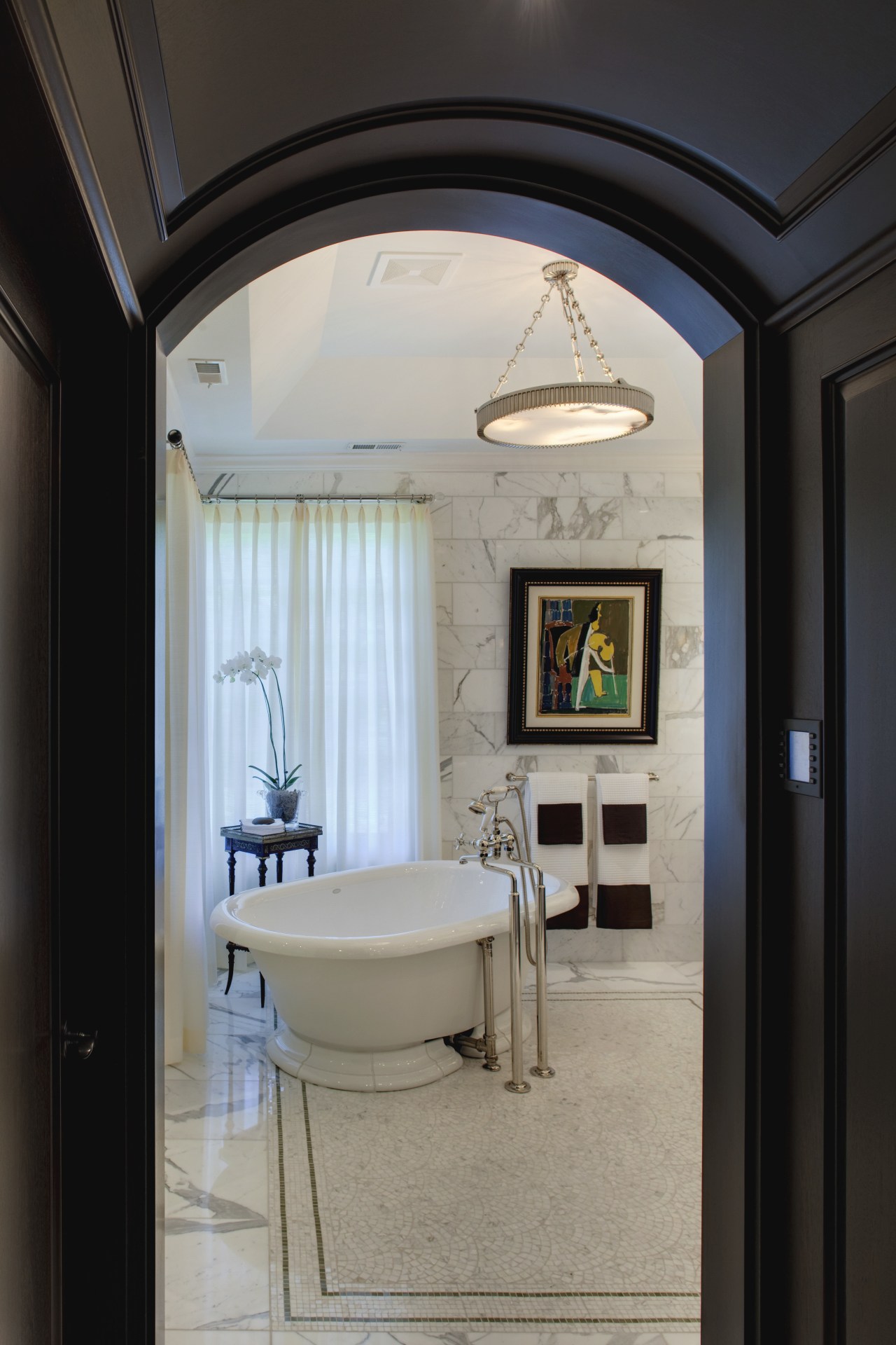 View of the mahogany entrance to this luxury architecture, ceiling, home, interior design, room, suite, black, gray