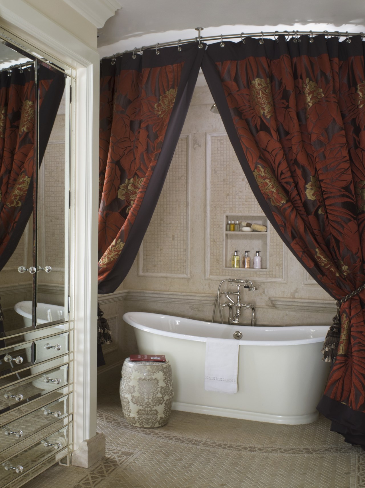 Interior shot of a San Francisco Town House. bathroom, ceiling, curtain, home, interior design, room, textile, window, window covering, window treatment, gray, red