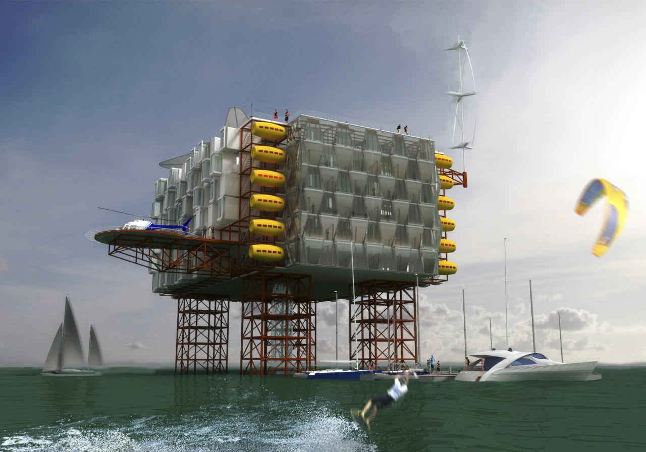 An Oil Rig Resort by Morris Architechs. Just sea, sky, water, water transportation, gray