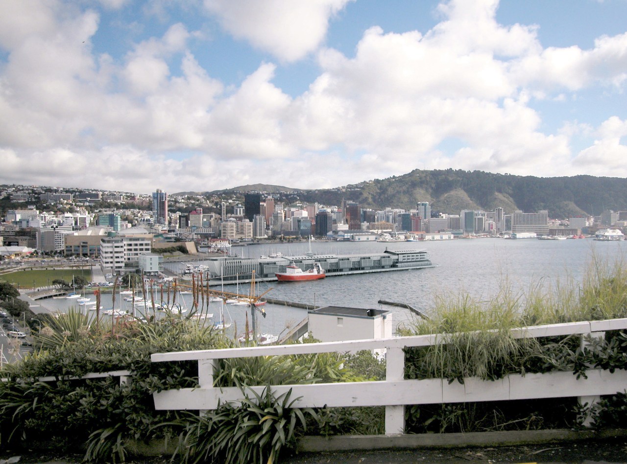 Exterior view of the Wellington Overseas Passenger Terminal city, dock, harbor, marina, port, river, sky, tree, water, waterway, white