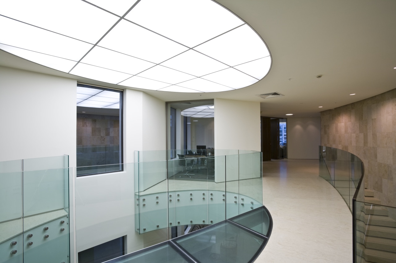 View of a stairway and balcony which features architecture, ceiling, daylighting, glass, interior design, property, real estate, window, gray, white