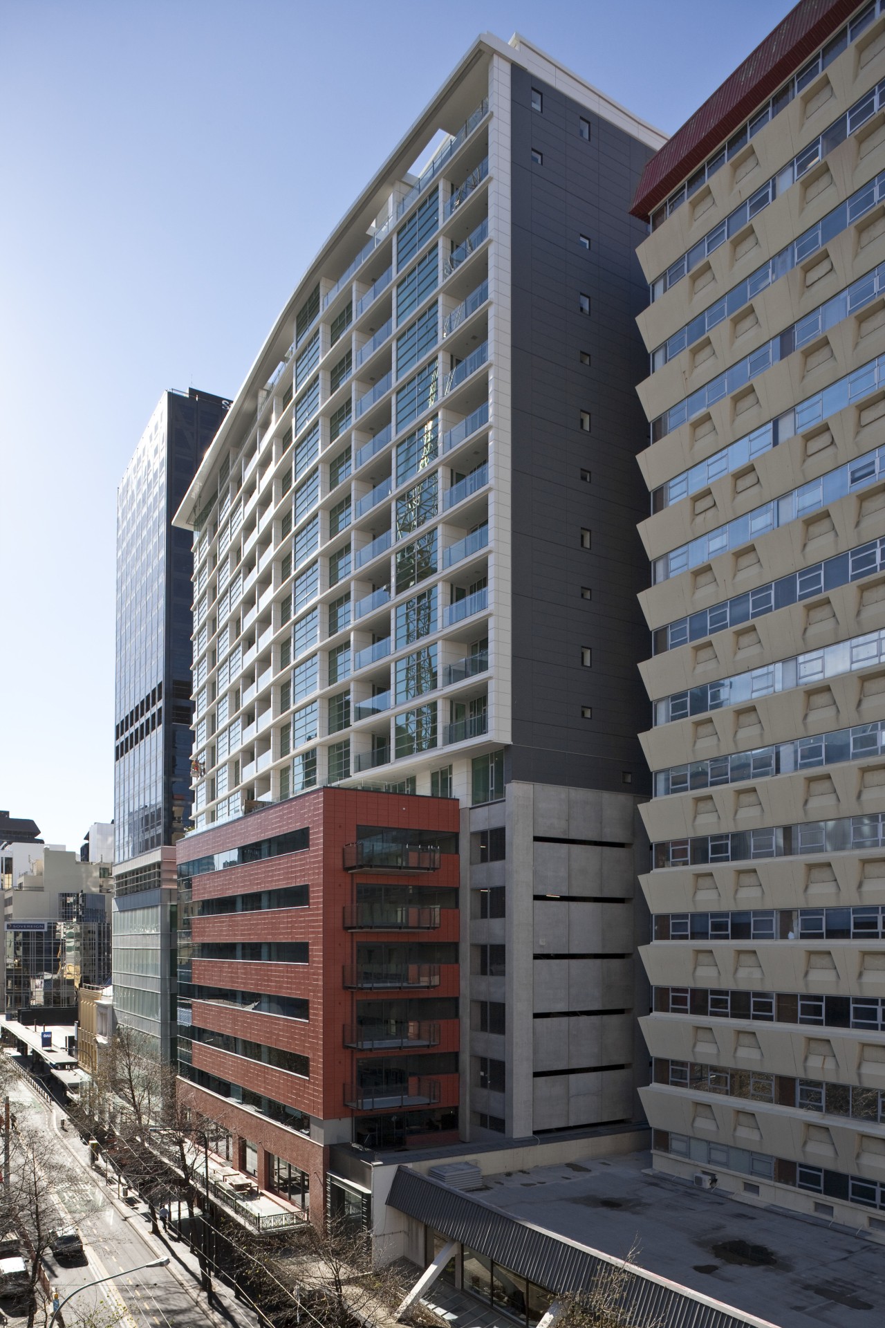 exterior view of  office building,featuring balconies, doors apartment, architecture, building, city, commercial building, condominium, corporate headquarters, facade, headquarters, metropolis, metropolitan area, mixed use, neighbourhood, real estate, residential area, sky, skyscraper, suburb, tower block, urban area, black, gray