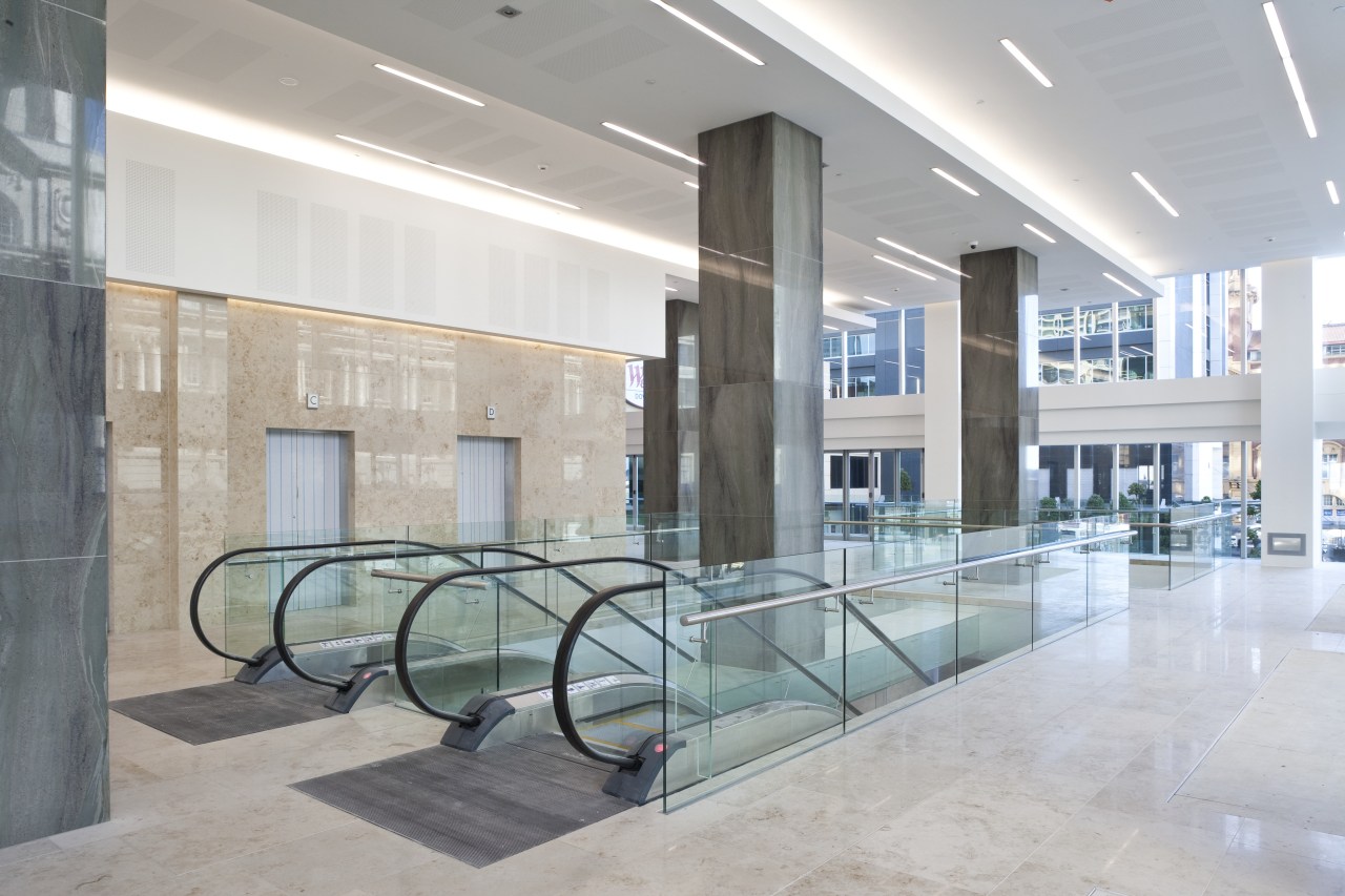 internal building view of lifts at 21 Queen floor, glass, interior design, leisure centre, lobby, real estate, gray