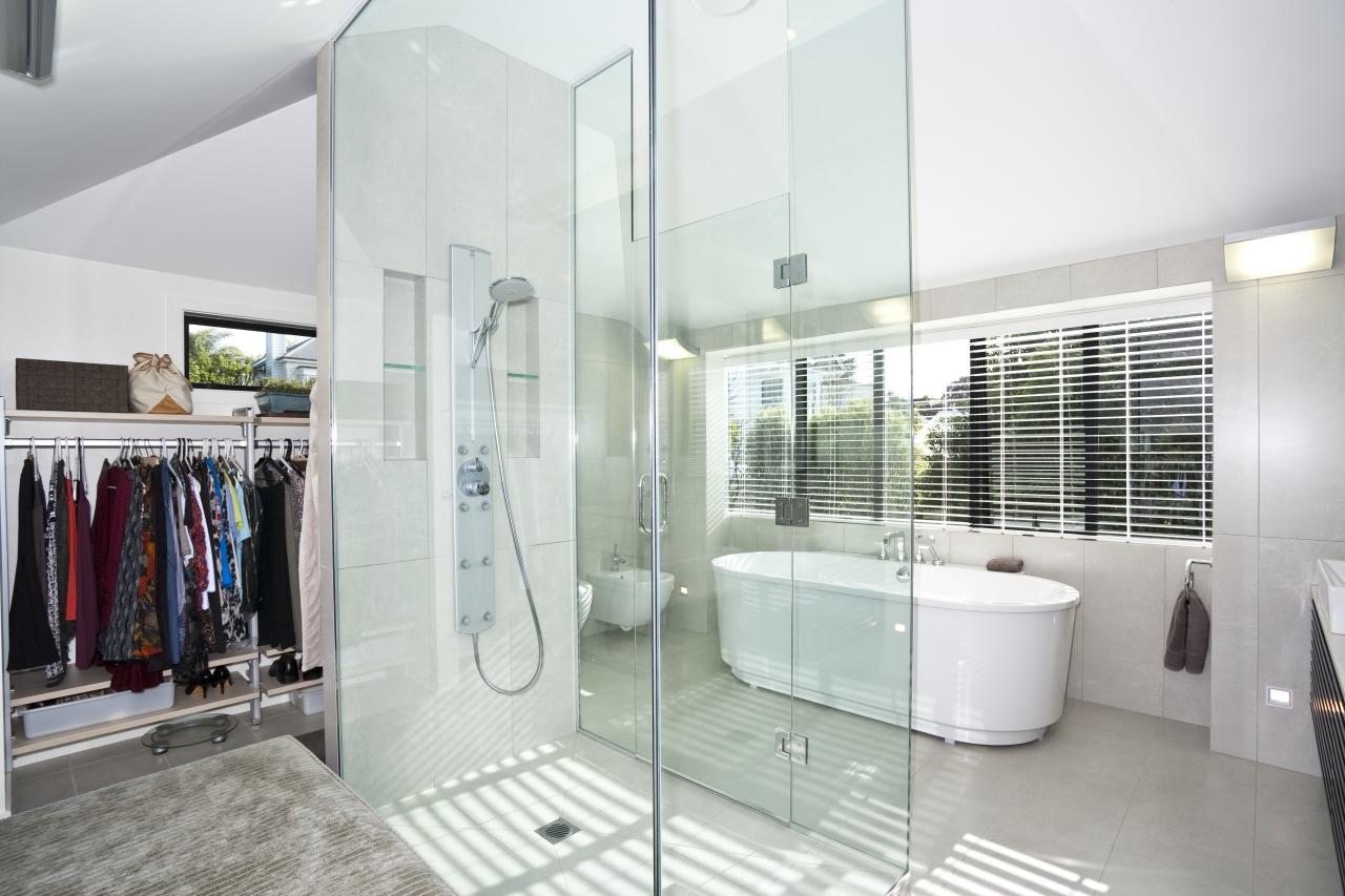 View of the glass-walled shower which separates the bathroom, estate, home, interior design, property, real estate, room, white