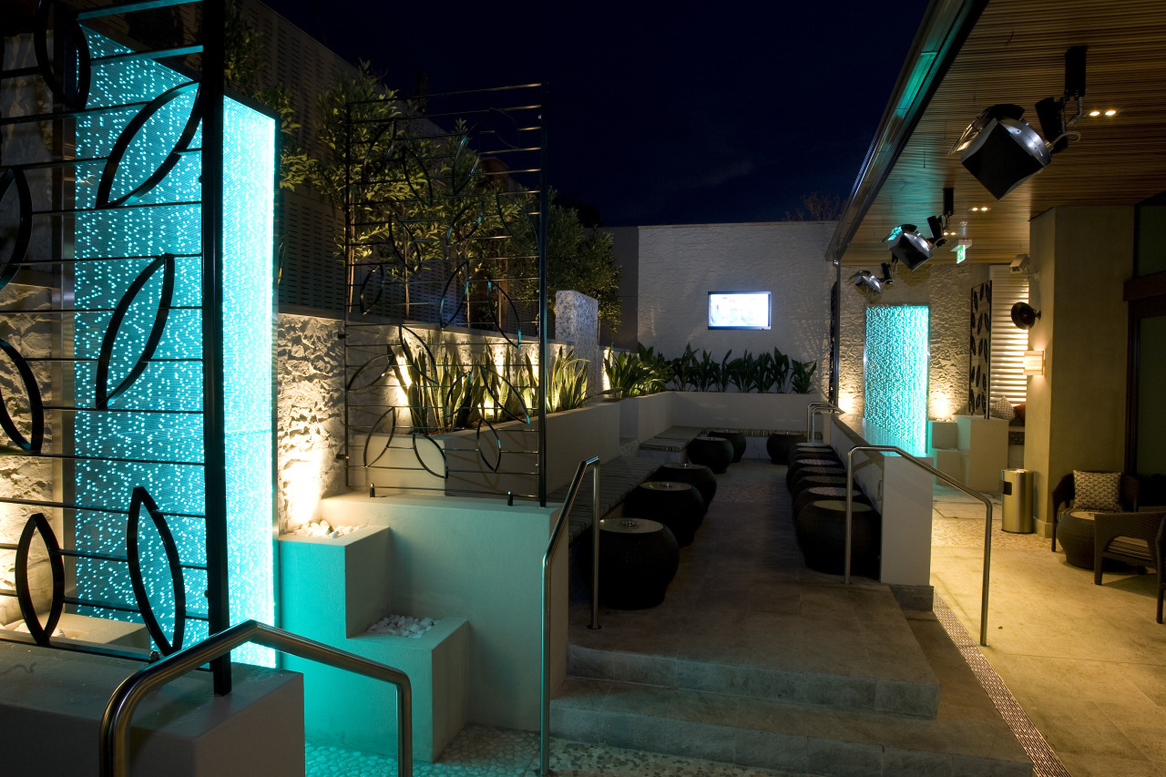 View of the outdoor area of the Terrace home, interior design, lighting, night, restaurant, black, brown