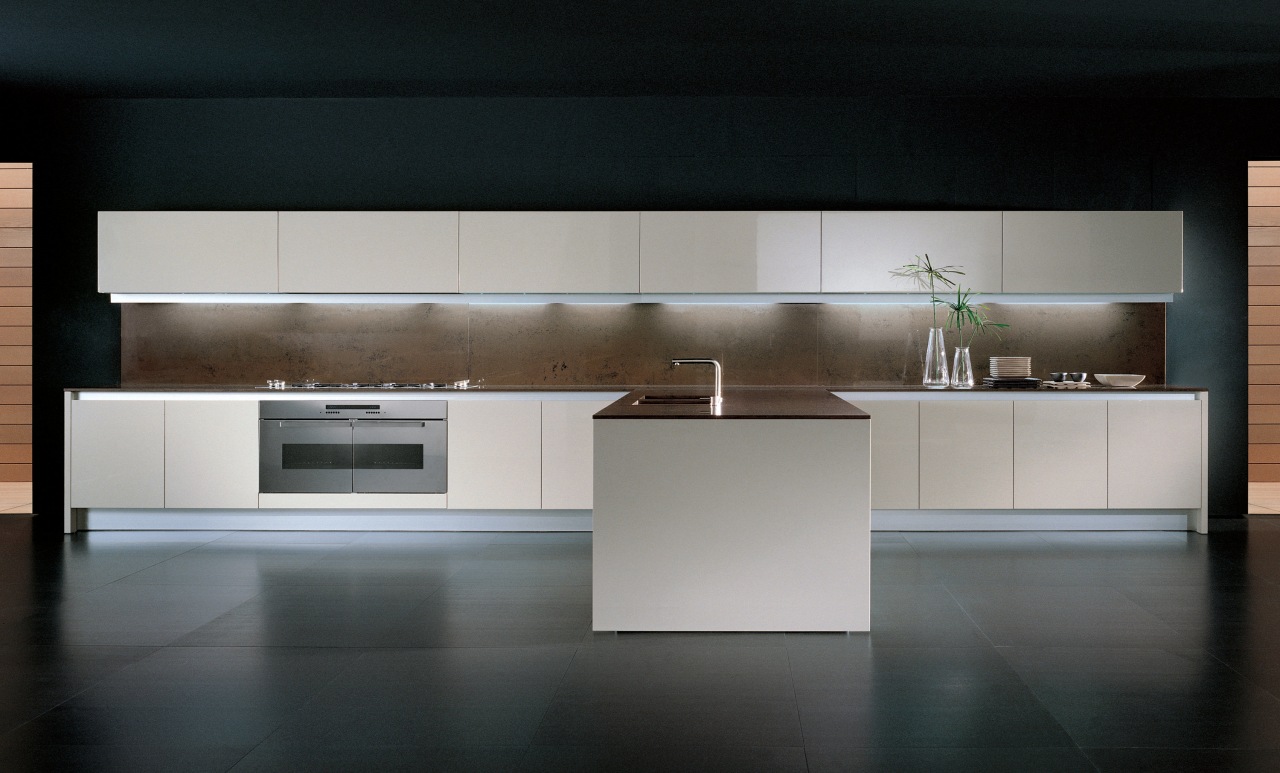 View of a contemporary kitchen which features countertops cabinetry, countertop, floor, flooring, furniture, interior design, kitchen, product design, black, gray