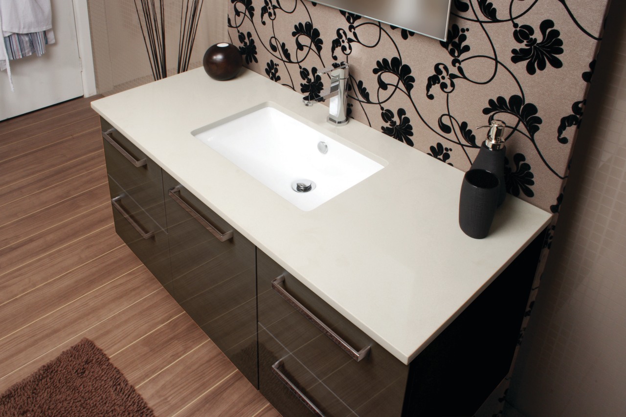 View of a bathroom with a vanity from bathroom, chest of drawers, countertop, floor, flooring, furniture, interior design, plumbing fixture, product design, room, sink, table, tap, tile, black, white