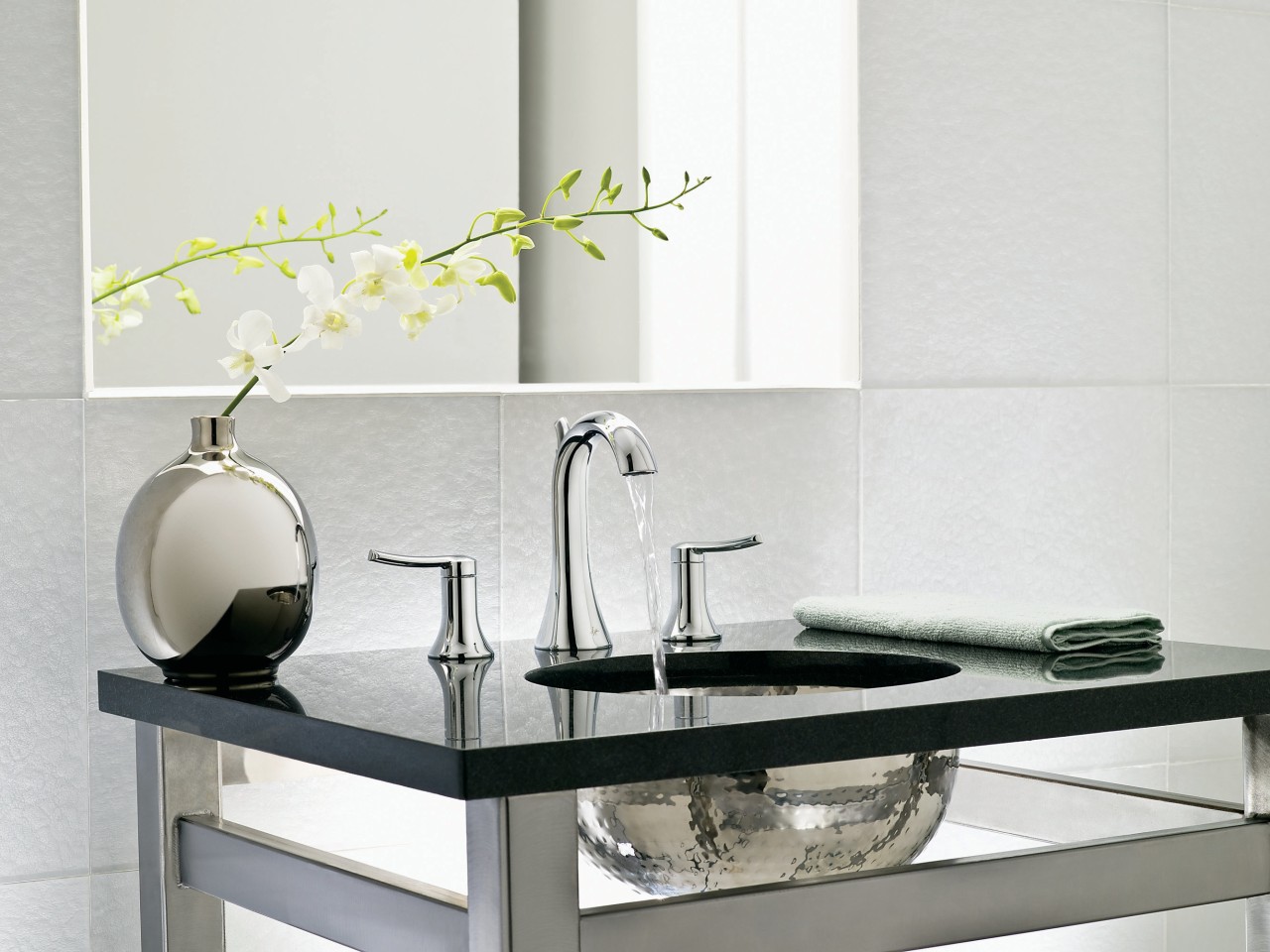 View of a basin and faucets by Moen. ceramic, coffee table, furniture, interior design, product design, table, tap, white