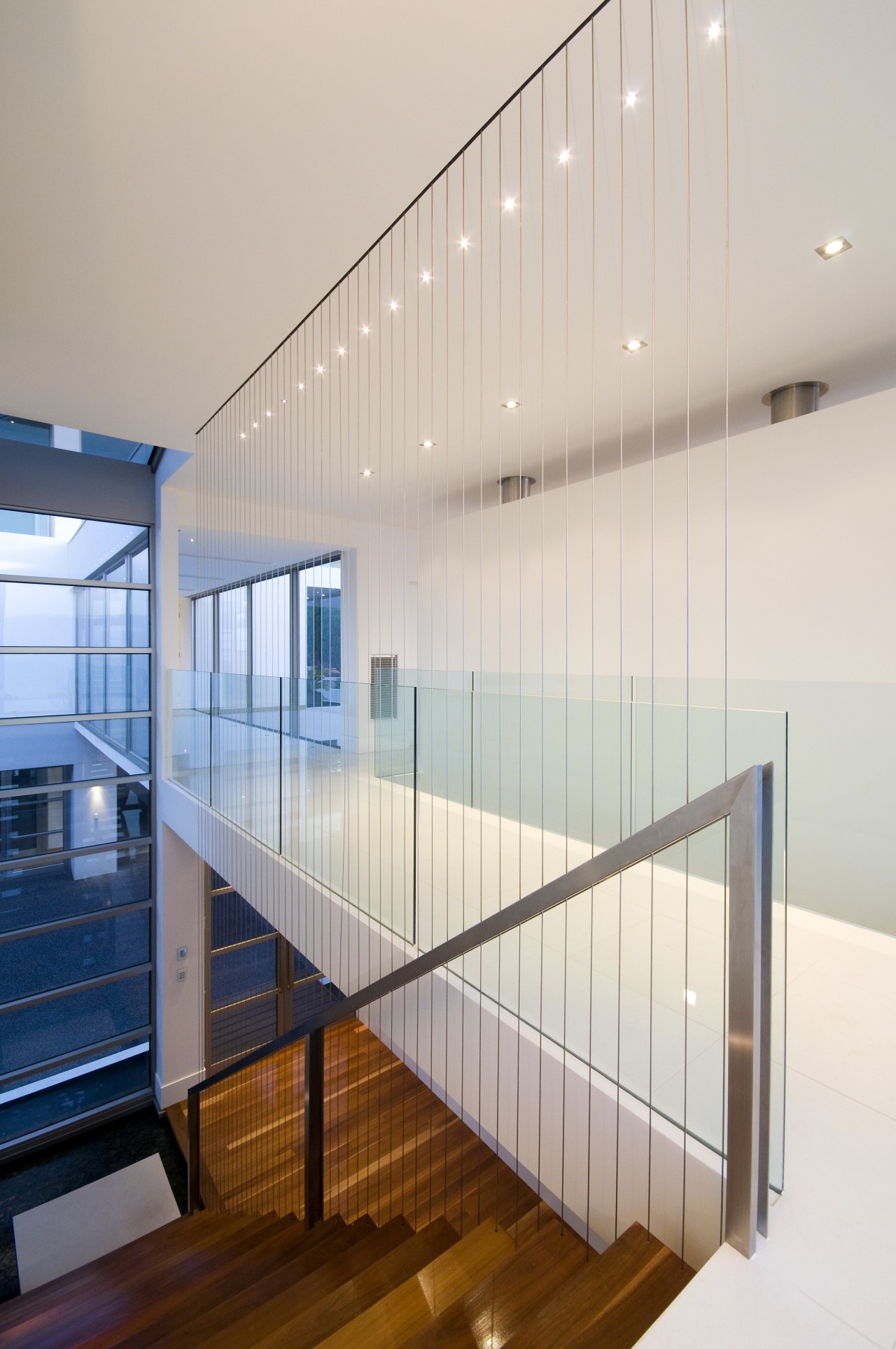 view of of stairway in house designed by apartment, architecture, ceiling, daylighting, glass, handrail, house, interior design, line, real estate, stairs, gray