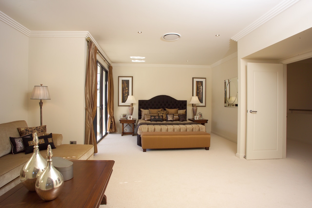interior Bedroom view of the Augusta home. Built ceiling, estate, floor, flooring, home, interior design, living room, property, real estate, room, white, brown