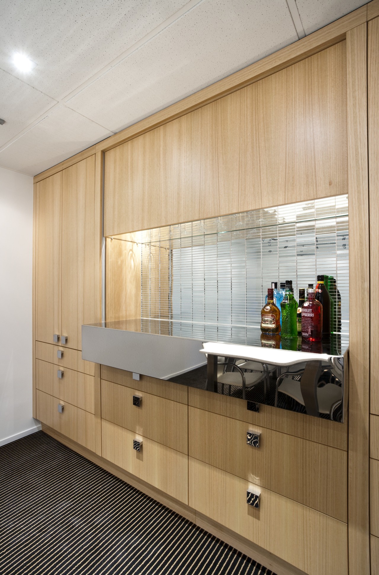 This storage/bar unit by Yellowfox features an Bestwood architecture, cabinetry, ceiling, countertop, interior design, kitchen, gray, orange