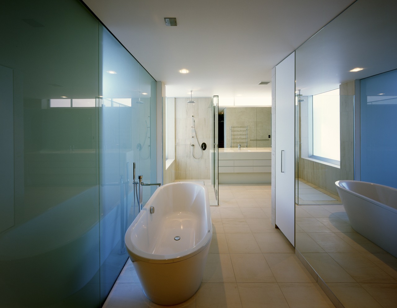 Bathroom with sleek design value architecture, bathroom, ceiling, daylighting, floor, glass, home, house, interior design, property, real estate, room, gray