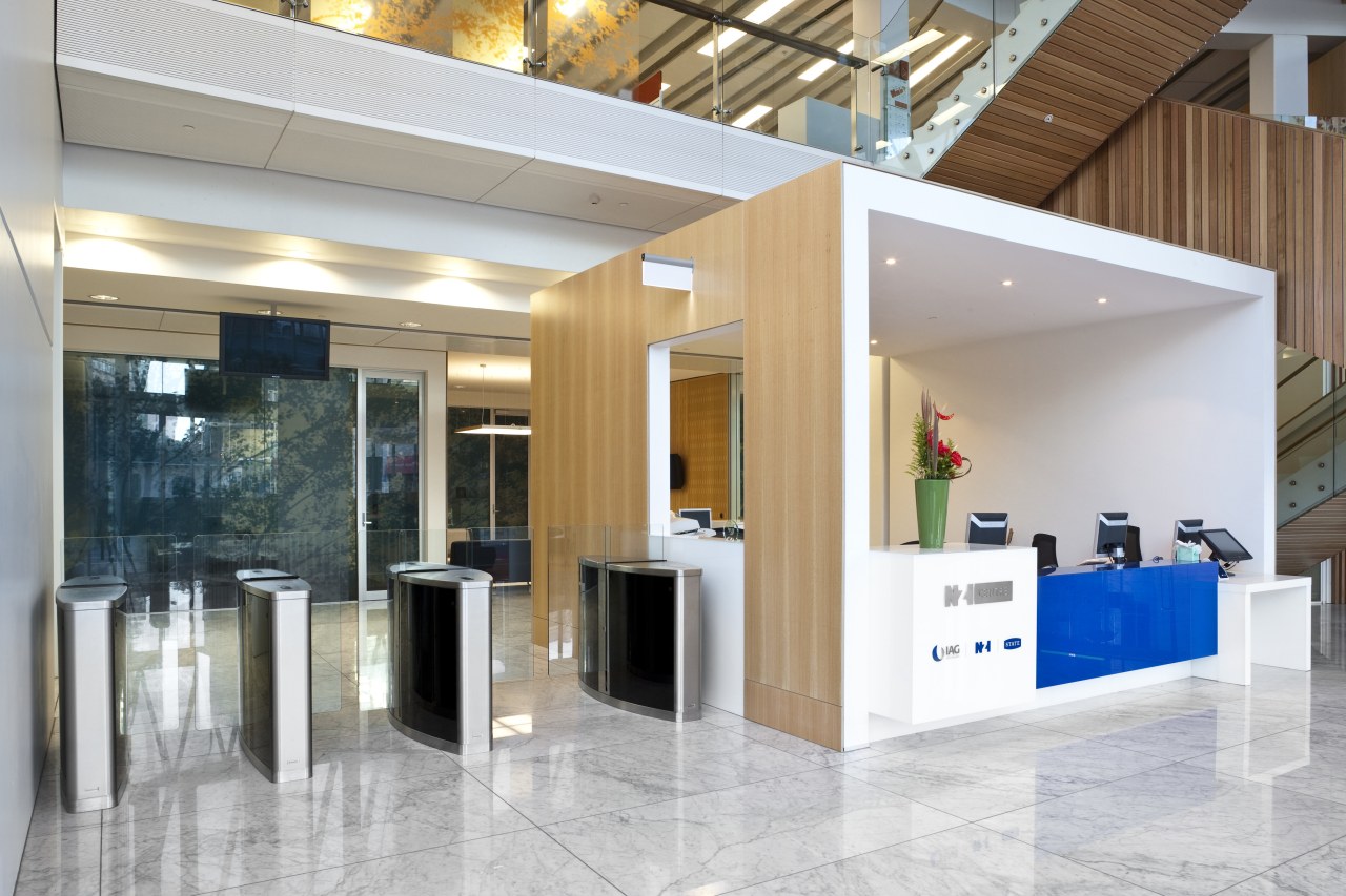 SpeedStile was installed by Gunnebo for secure access floor, interior design, lobby, real estate, gray, white