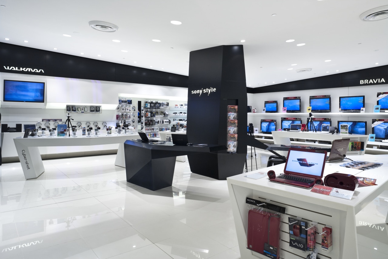 View of shops fitted by Dimension Shopfitters. electronics, interior design, product, product design, retail, technology, white