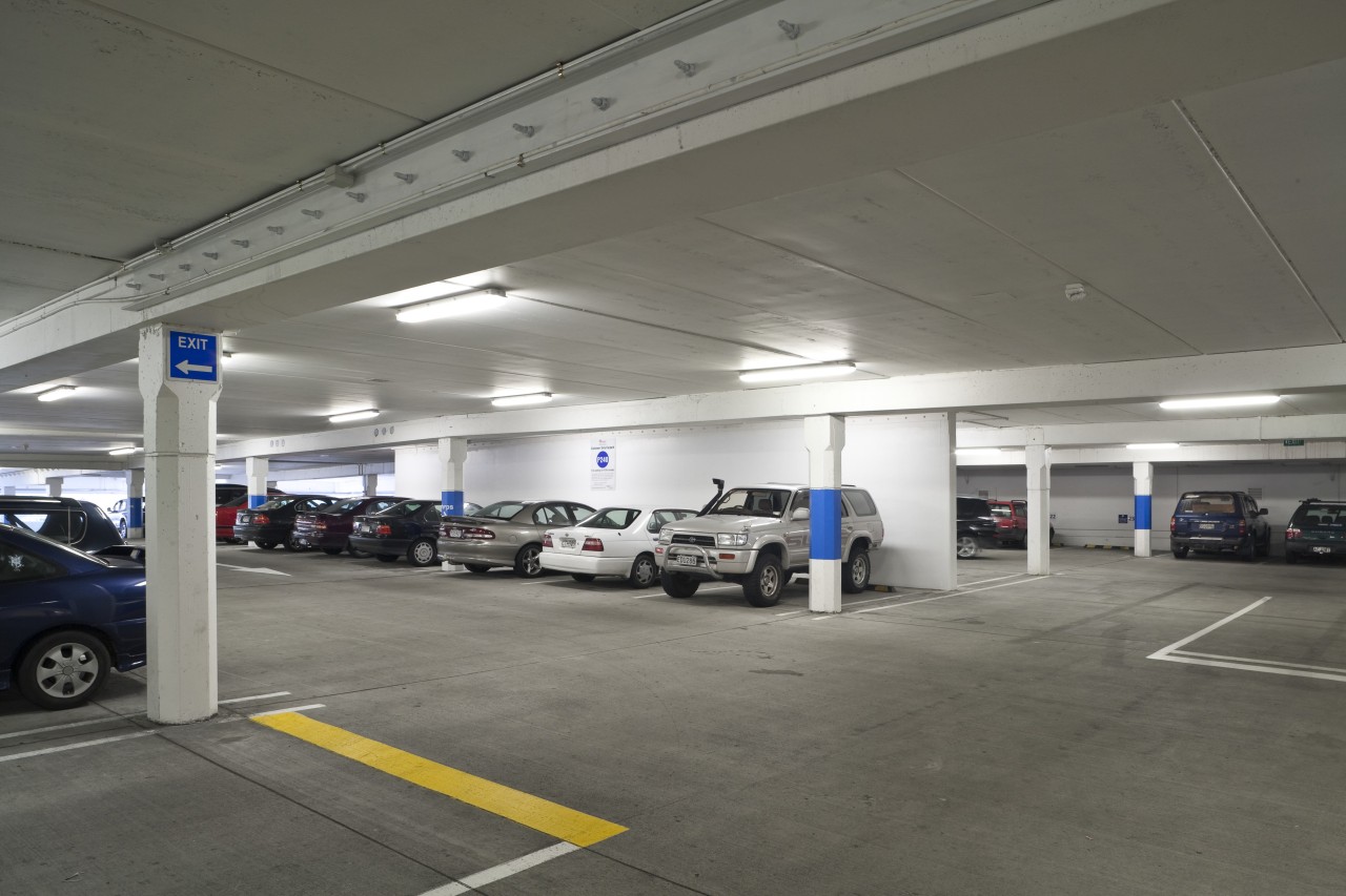 View of the redeveloped Riccarton mall. automobile repair shop, motor vehicle, parking, parking lot, gray