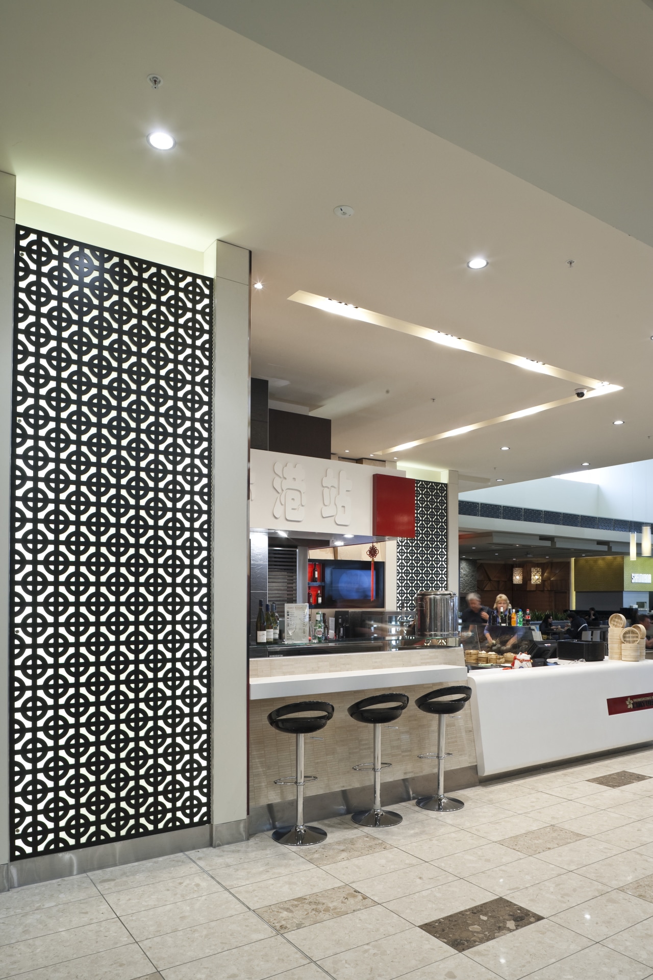 View of the redeveloped Riccarton mall. ceiling, floor, flooring, interior design, lobby, gray