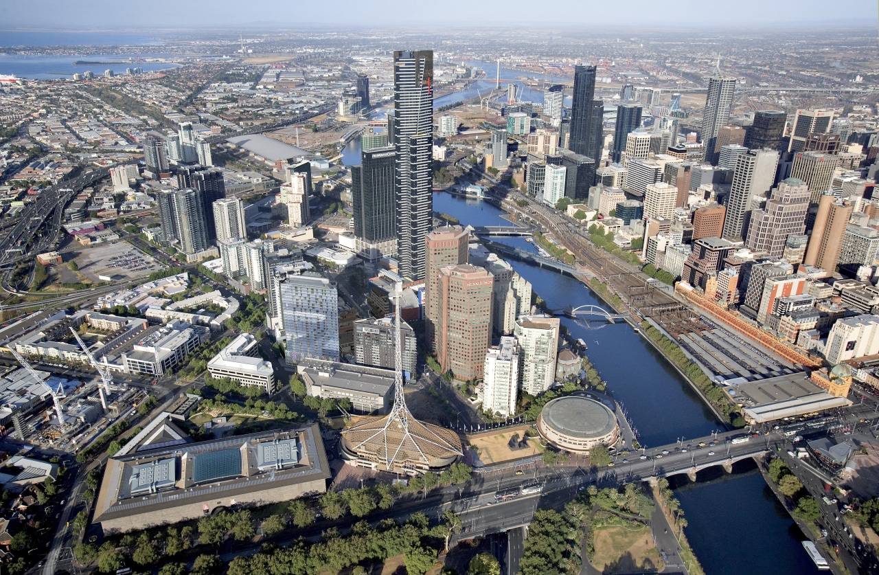 View of the Triptych, Melbourne's latest Southbank Apartment aerial photography, bird's eye view, building, city, cityscape, daytime, downtown, metropolis, metropolitan area, mixed use, skyline, skyscraper, suburb, tower block, urban area, urban design, waterway, gray