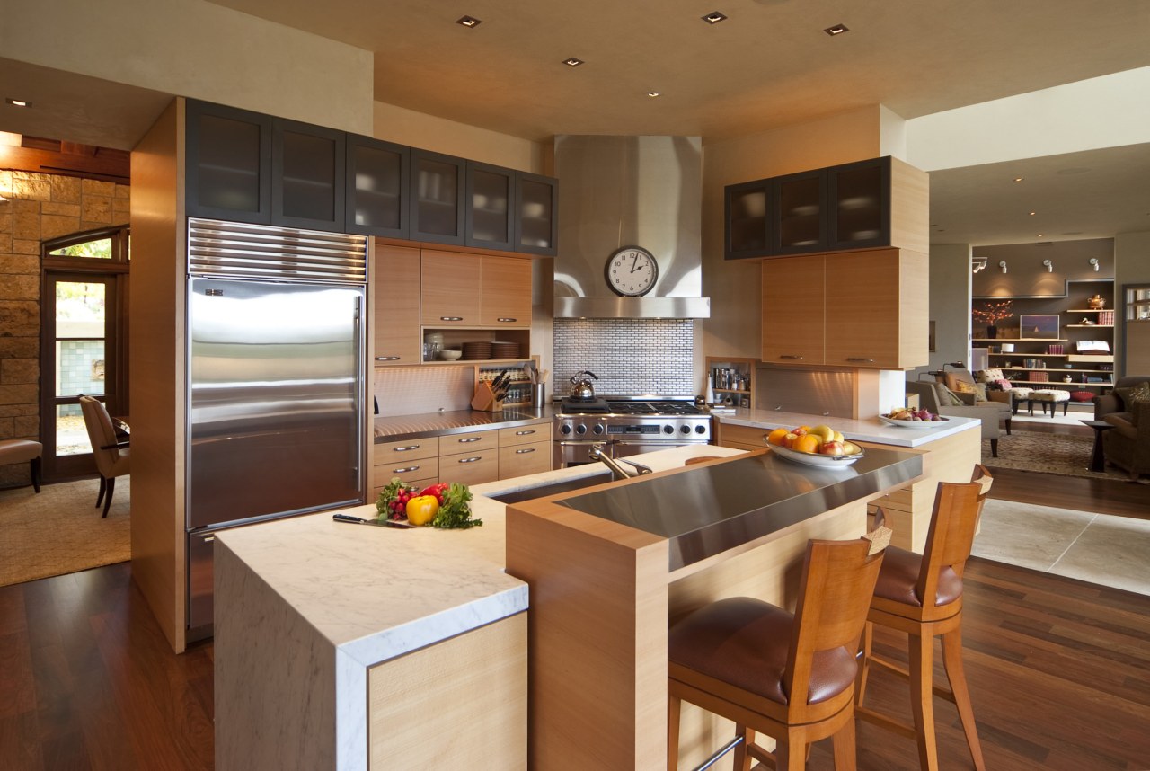 The kitchen features beech plywood cabinets and Calacatta cabinetry, countertop, cuisine classique, interior design, kitchen, brown