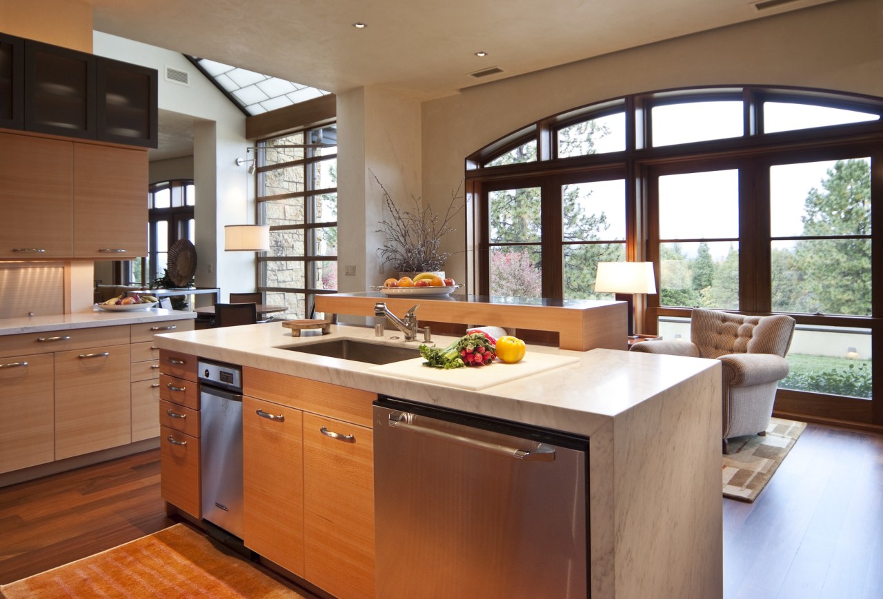 The kitchen features beech plywood cabinets and Calacatta cabinetry, countertop, cuisine classique, interior design, kitchen, real estate, brown