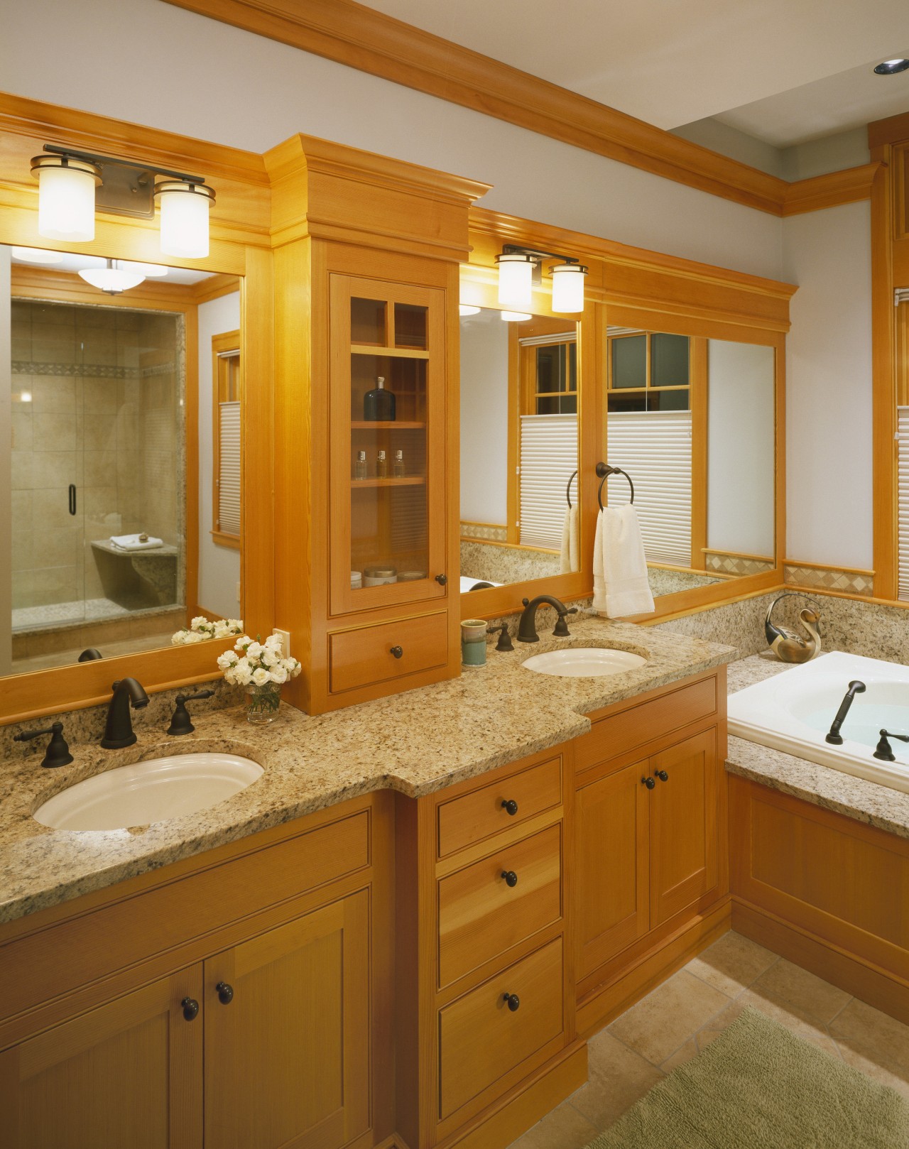 View of wooden bathroom cabinetry, stone benchtops.2541-005-VANDEN_BRINK bathroom, bathroom accessory, bathroom cabinet, cabinetry, countertop, cuisine classique, home, interior design, kitchen, room, wall, brown, orange