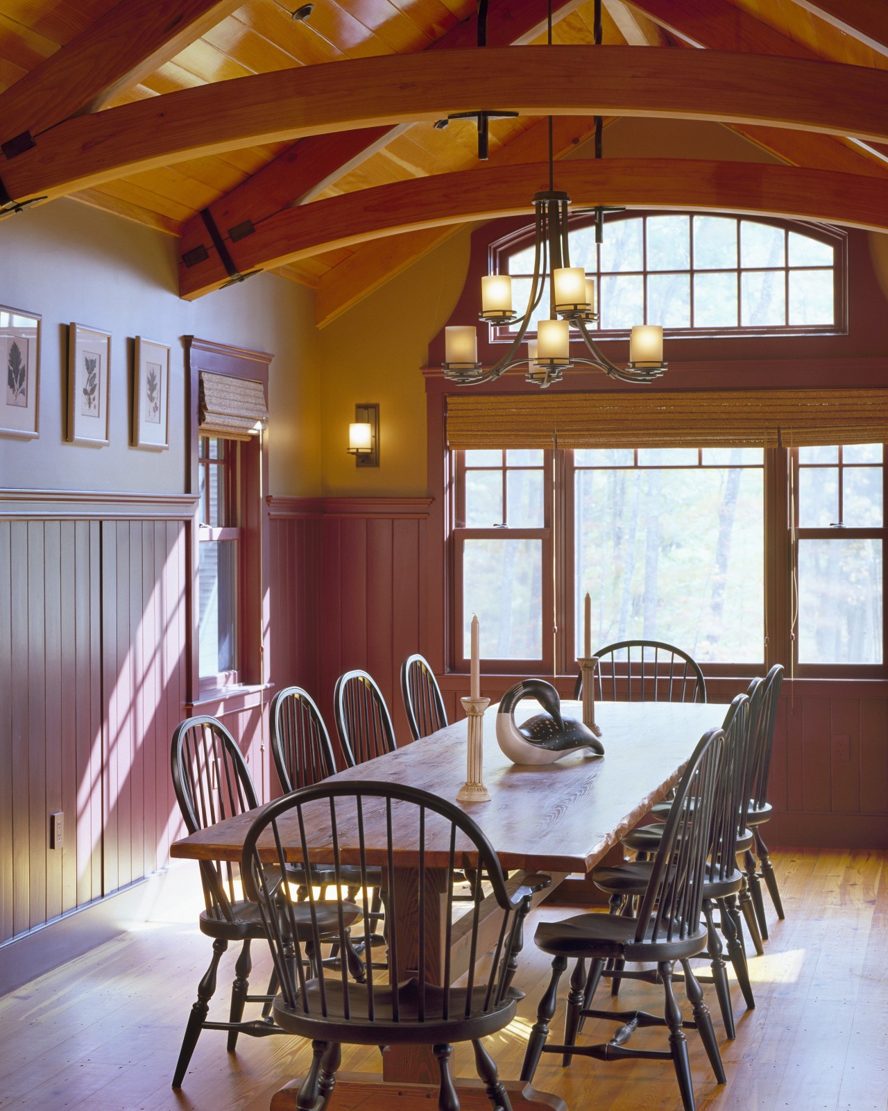 View of dining area featuring golden douglas fir beam, ceiling, dining room, estate, home, interior design, living room, real estate, room, table, window, wood, brown