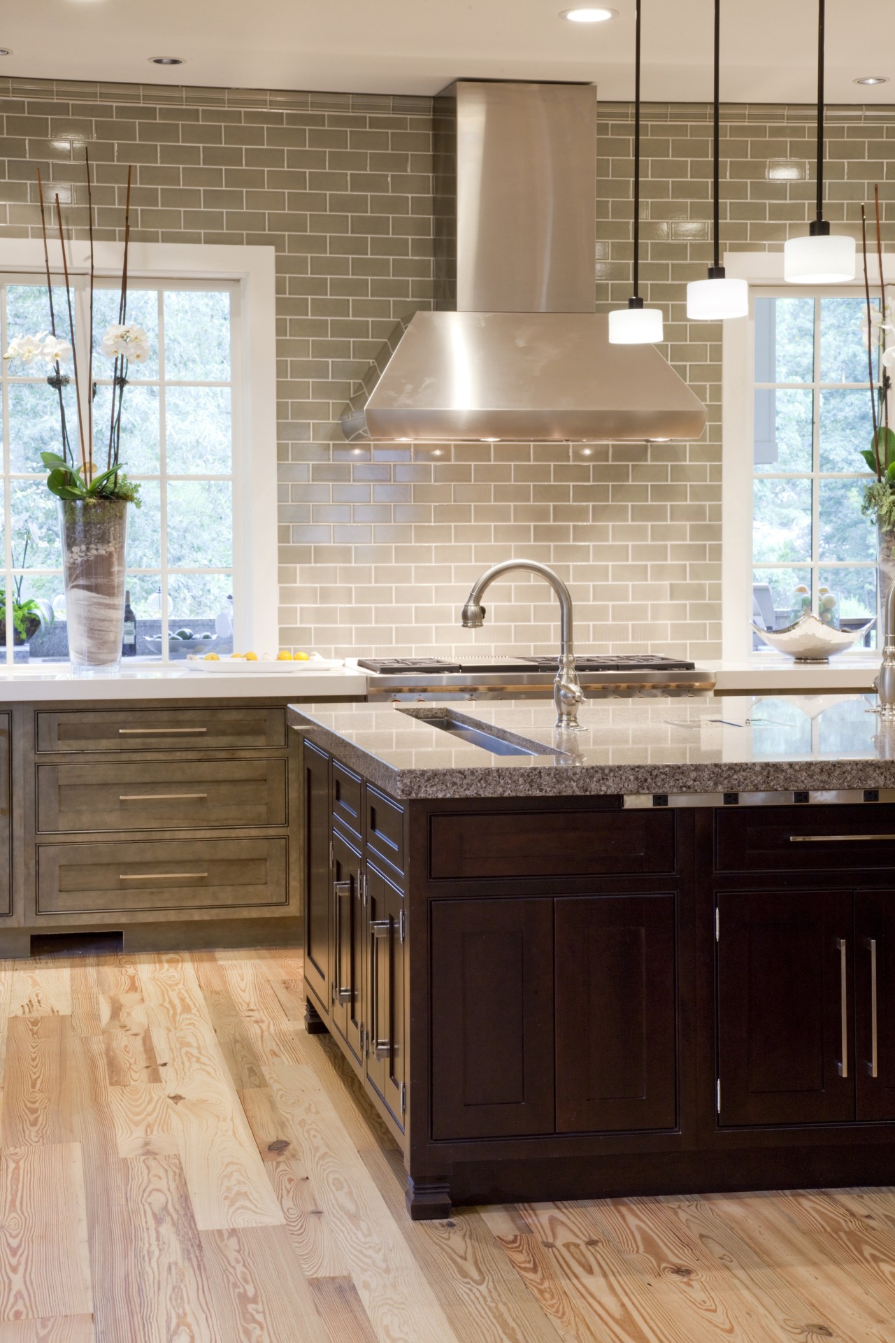 View of contemporary kitchen, dark wood cabinetry and cabinetry, countertop, cuisine classique, floor, flooring, hardwood, home, interior design, kitchen, laminate flooring, room, sink, tile, wall, wood, wood flooring, gray
