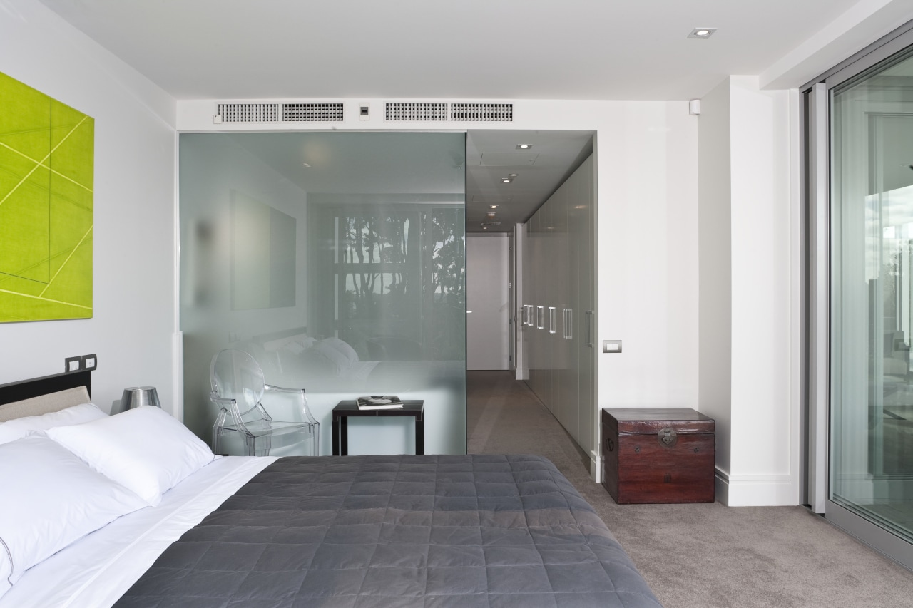 The bedroom and bathroom in the master suite architecture, floor, interior design, room, wall, gray, white