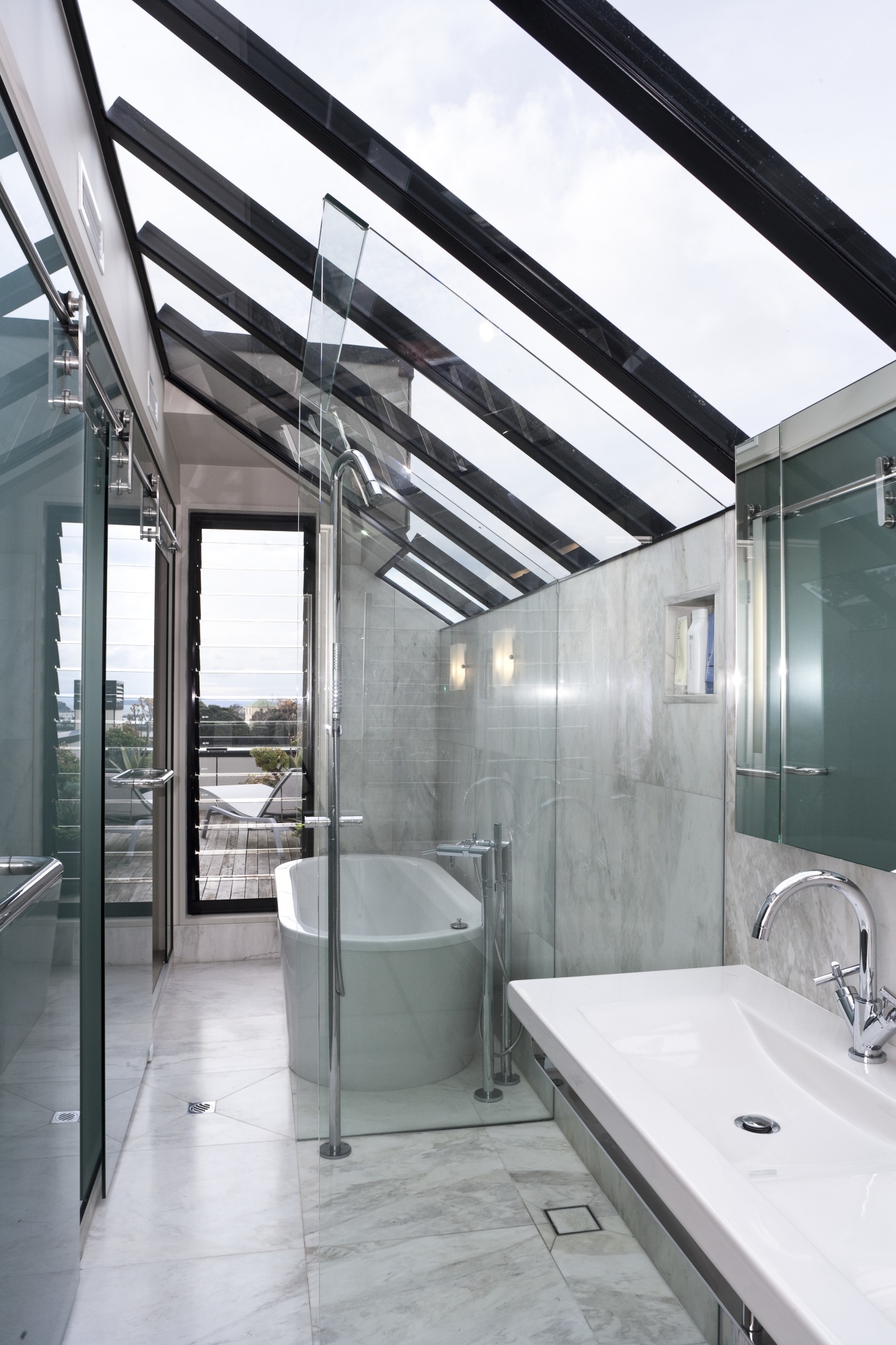 View of the master bedroom and ensuite which architecture, daylighting, glass, house, interior design, gray, white