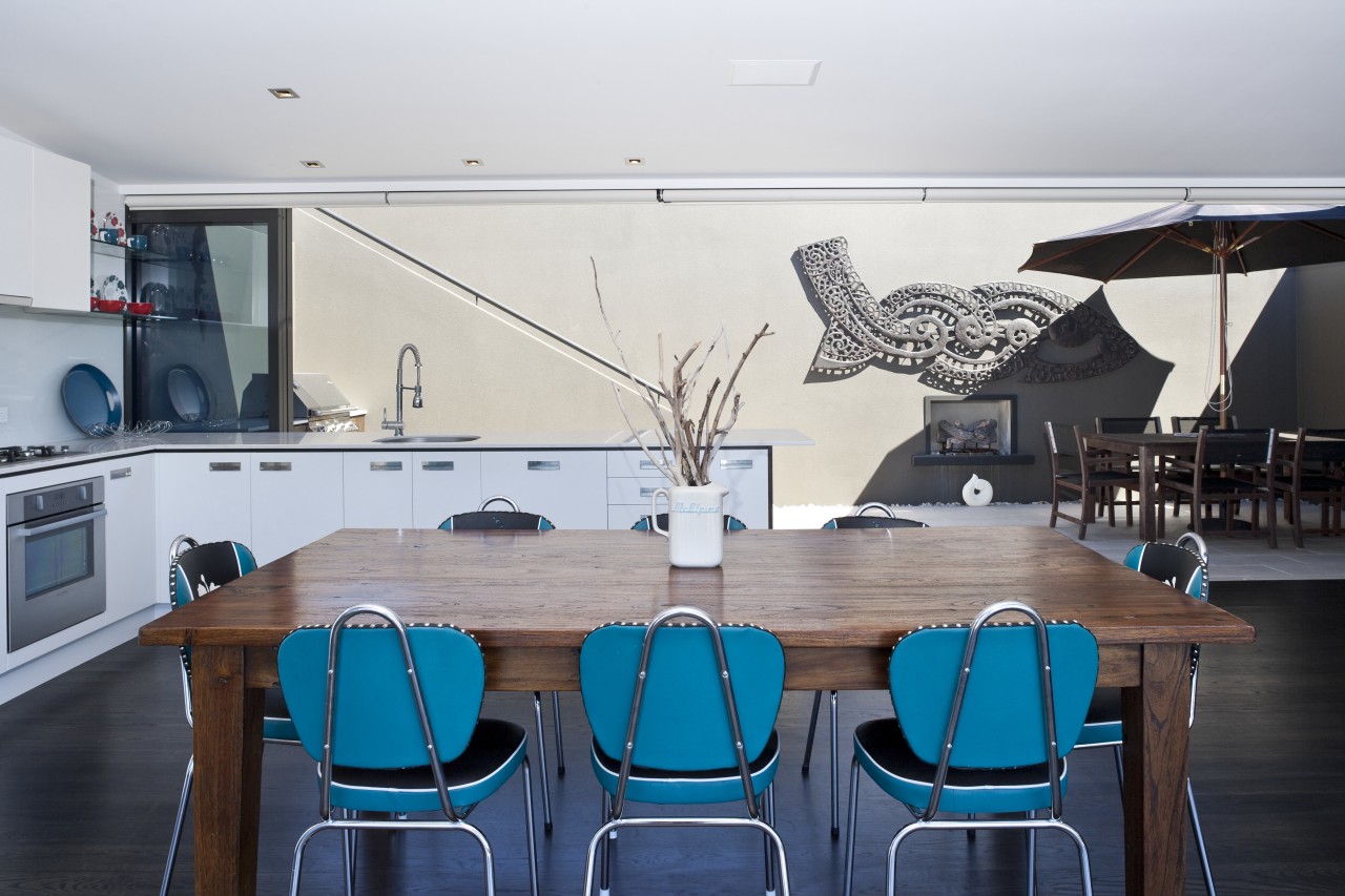 View of enclosed rear courtyard and living space chair, furniture, interior design, room, table, white