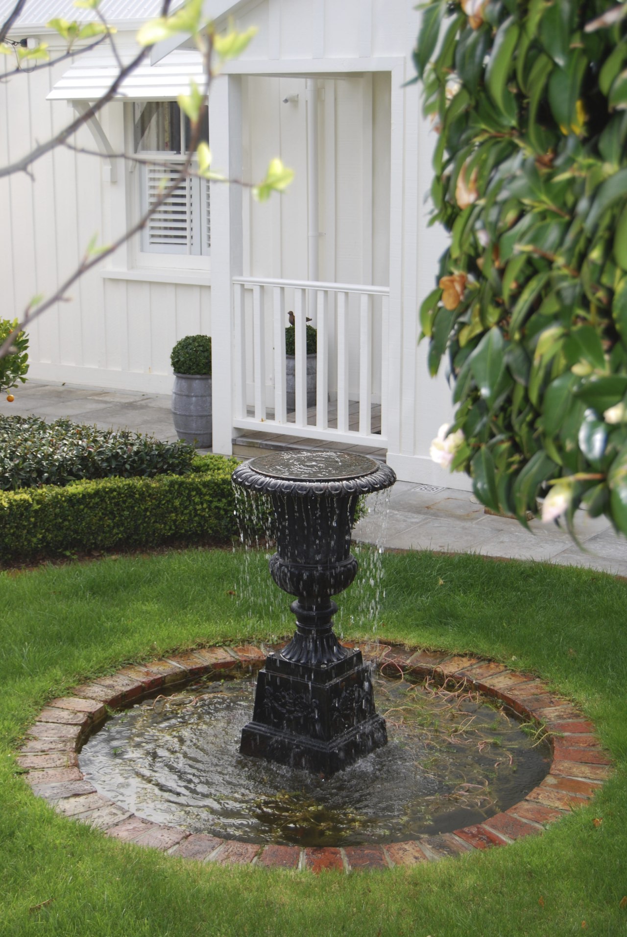 View of formal garden designed by Michael Mansvelt bird bath, garden, grass, landscaping, outdoor structure, walkway, water, water feature, yard, green, gray