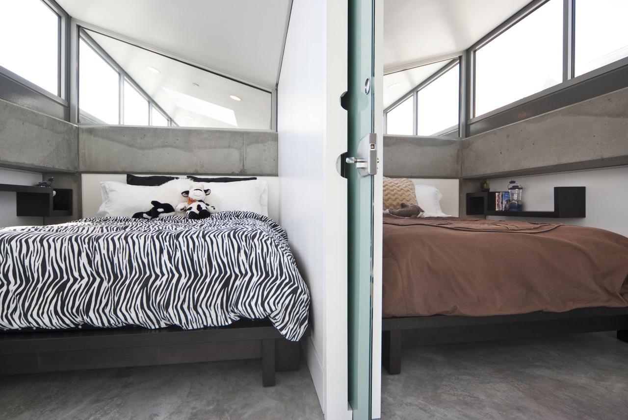 View of the childrens bed spaces. architecture, bed, bed frame, bedroom, floor, furniture, interior design, property, real estate, room, white