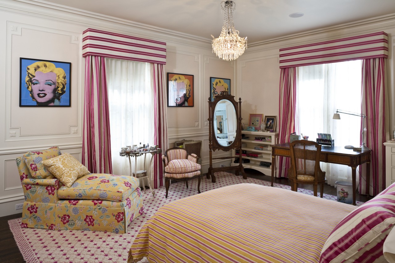 View of bedroom with striped red and white bed sheet, bedroom, ceiling, estate, furniture, home, interior design, living room, property, real estate, room, suite, textile, window, window treatment, gray