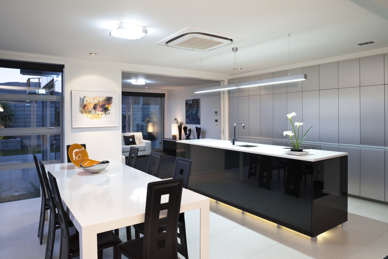 View of kitchen featuring Aluminium and gloss lacquer countertop, interior design, kitchen, real estate, room, white, gray