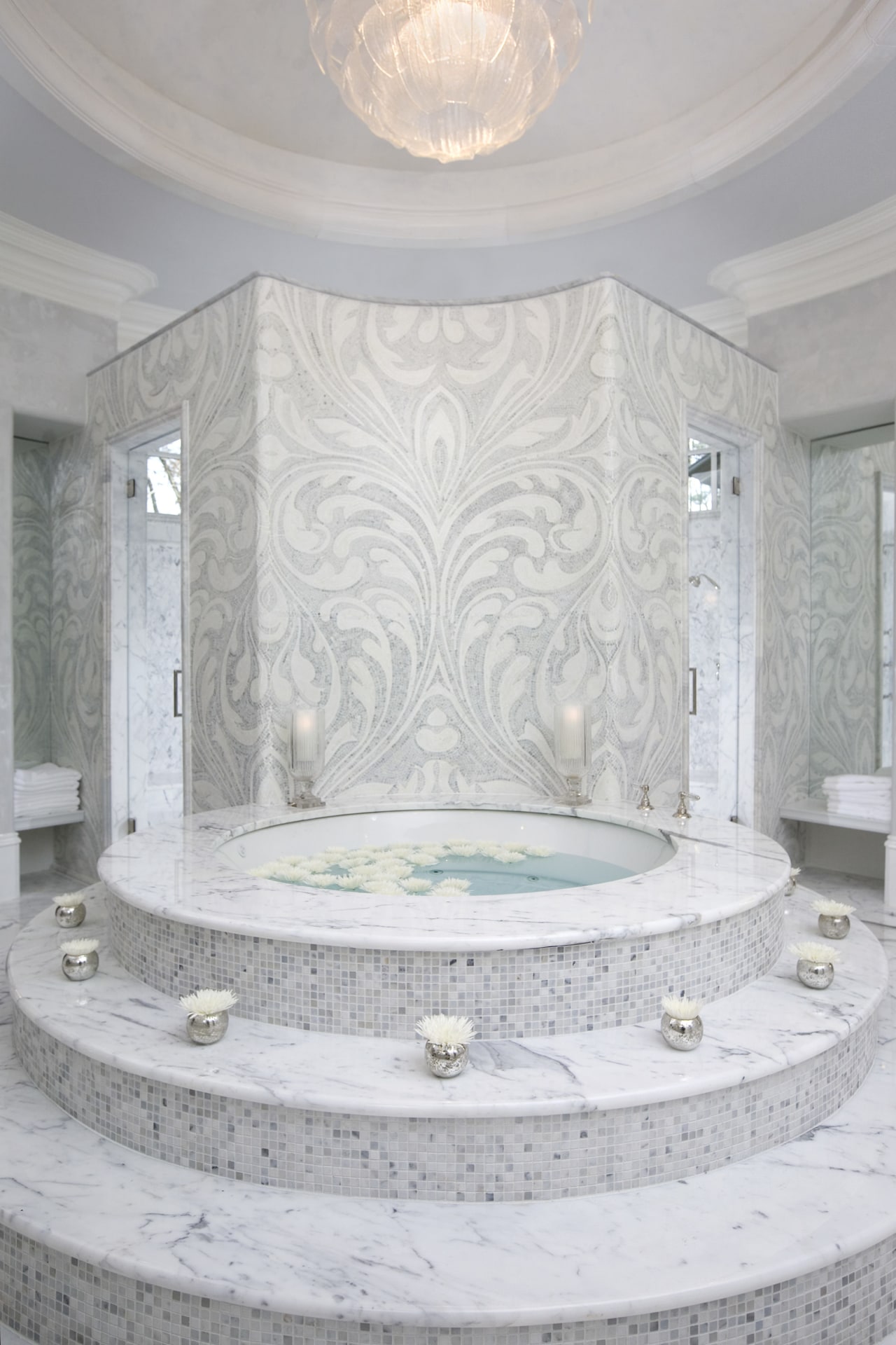 View of bathroom which features a Roman tub ceiling, column, interior design, structure, wall, gray