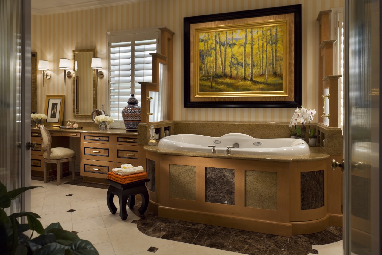 Large bathroom with bathtub &amp; vanity cabinet bathroom, interior design, room, brown