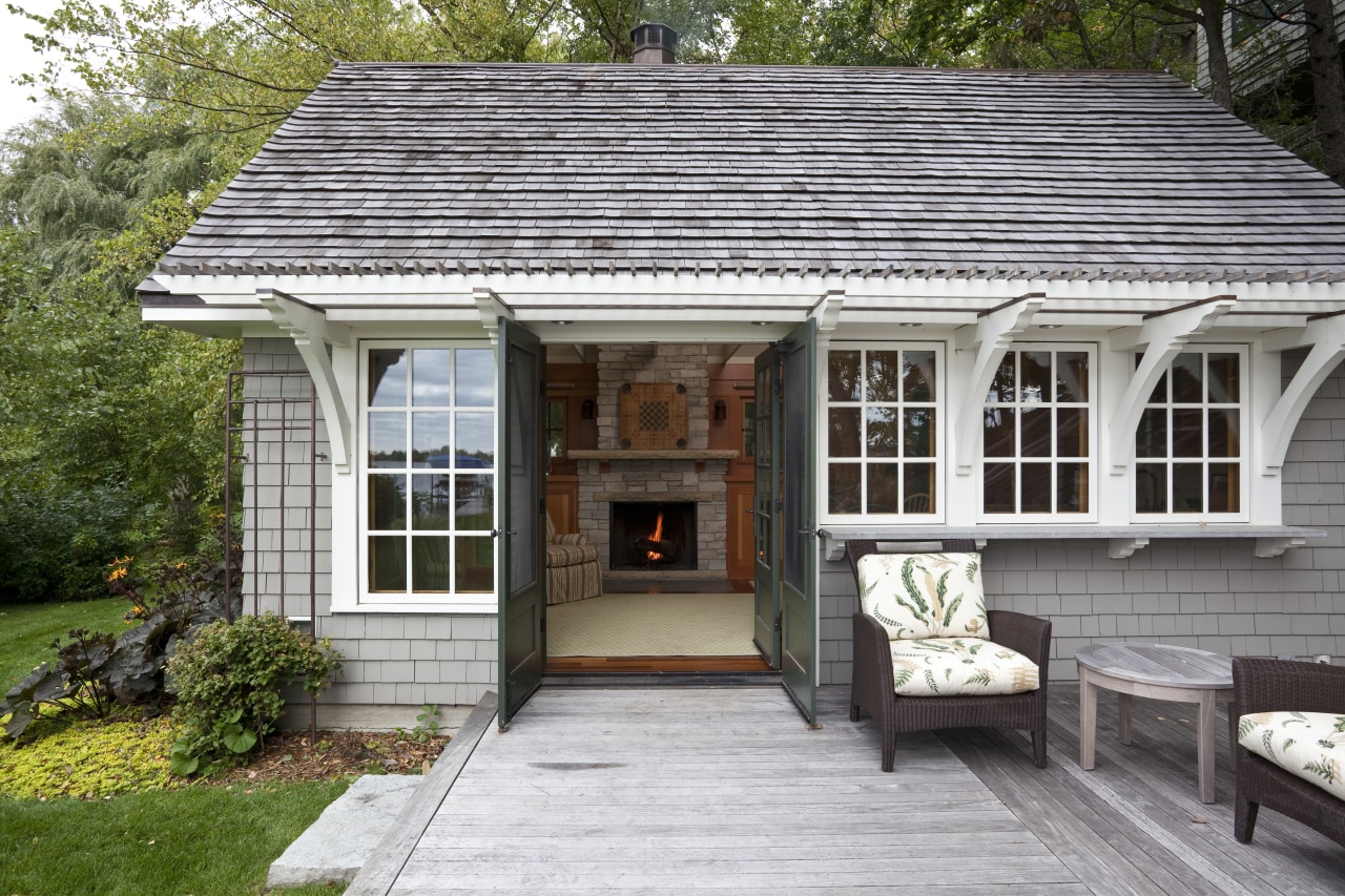 Traditional kitchen featured inside this little boathouse project cottage, estate, home, house, outdoor structure, porch, property, real estate, shed, siding, window, gray