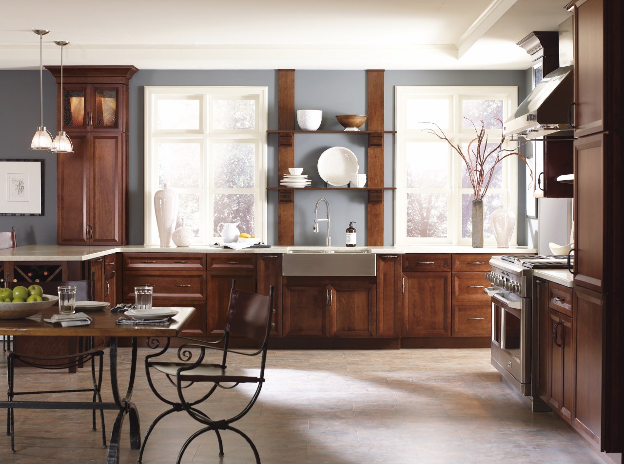 View of kitchen featuring custom made and designed cabinetry, countertop, cuisine classique, floor, flooring, furniture, interior design, kitchen, room, white