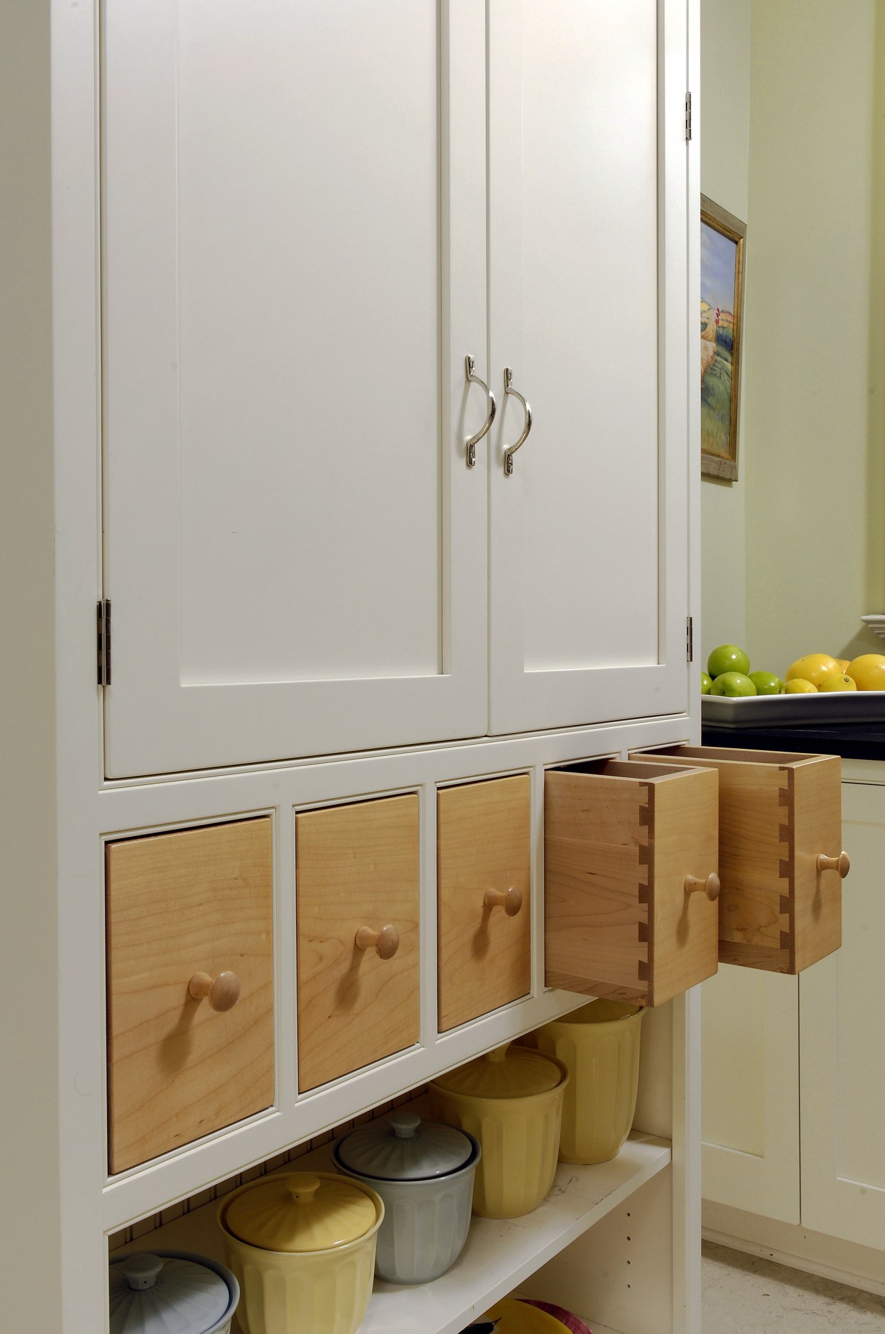 View of kitchen designed by Jennifer Gilmer Kitchen bathroom accessory, bathroom cabinet, cabinetry, furniture, product, product design, room, shelf, gray