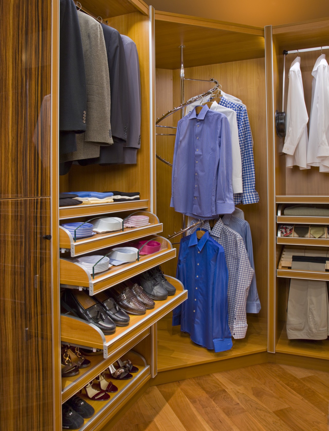 View of closet cabinetry designed and built by boutique, closet, furniture, room, wardrobe, brown